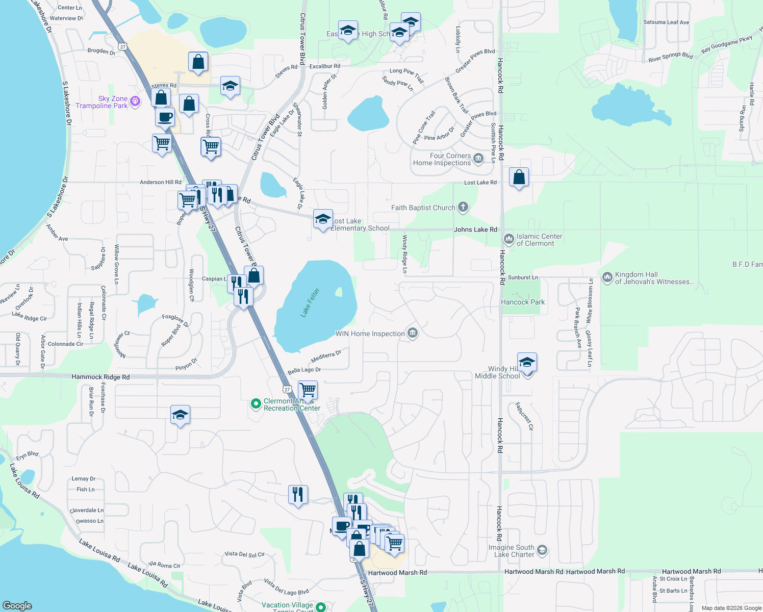 map of restaurants, bars, coffee shops, grocery stores, and more near 2178 Caxton Avenue in Clermont