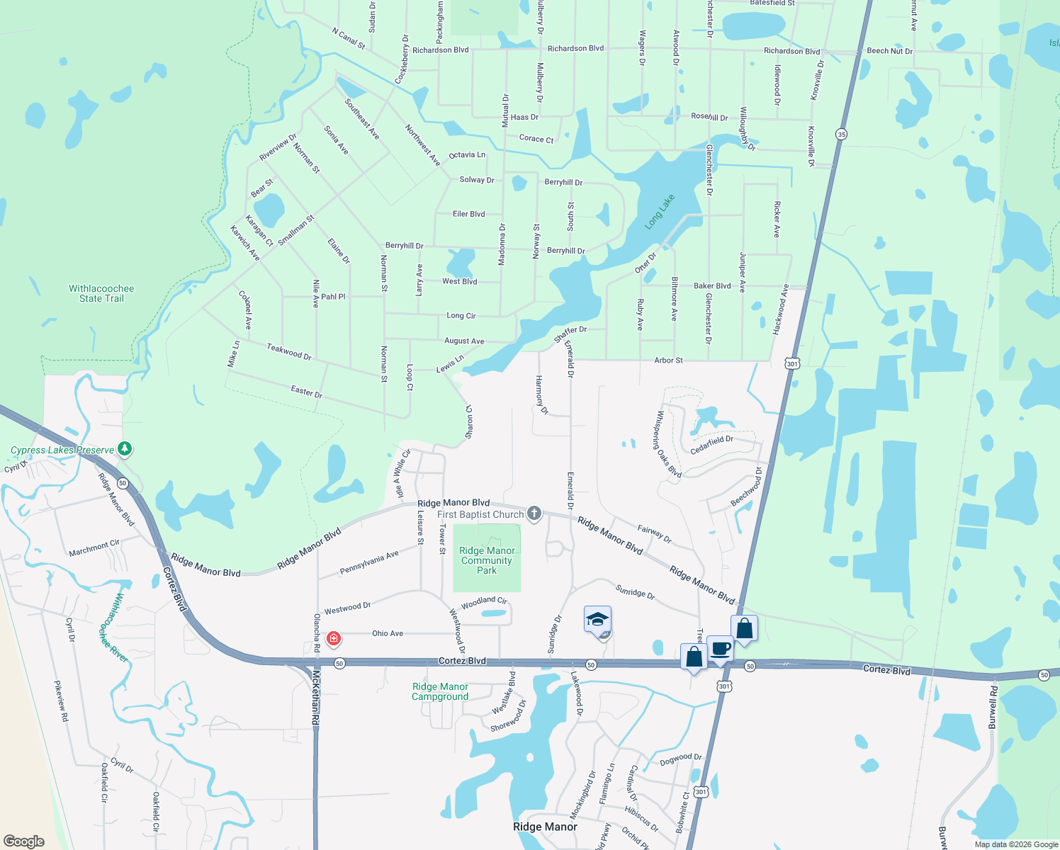 map of restaurants, bars, coffee shops, grocery stores, and more near 34147 Bernie Street in Dade City
