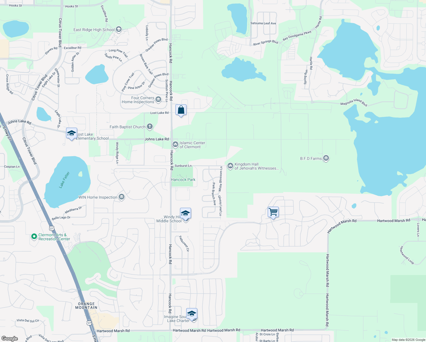map of restaurants, bars, coffee shops, grocery stores, and more near 2955 White Magnolia Loop in Clermont
