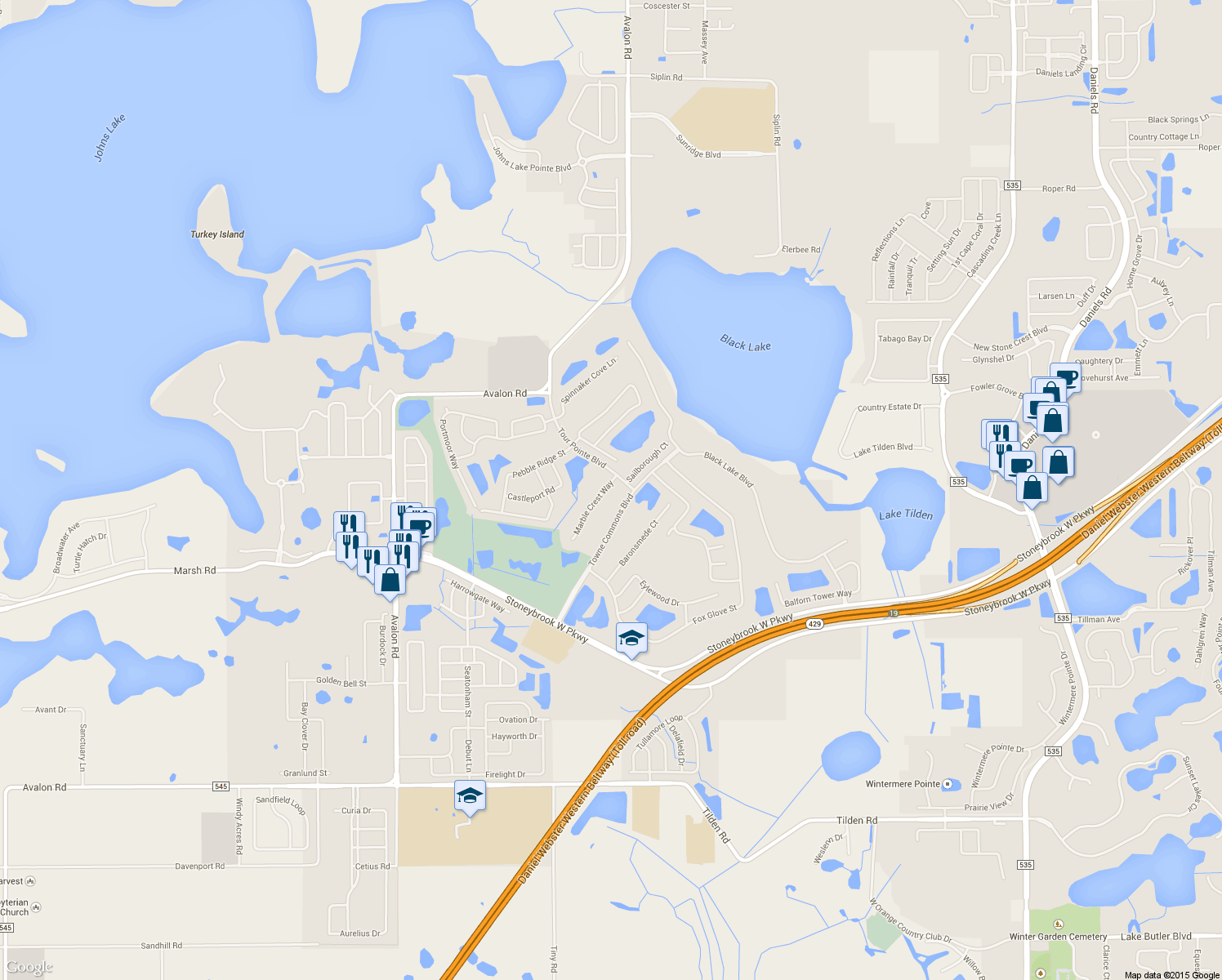 map of restaurants, bars, coffee shops, grocery stores, and more near 1313 Marble Crest Way in Winter Garden