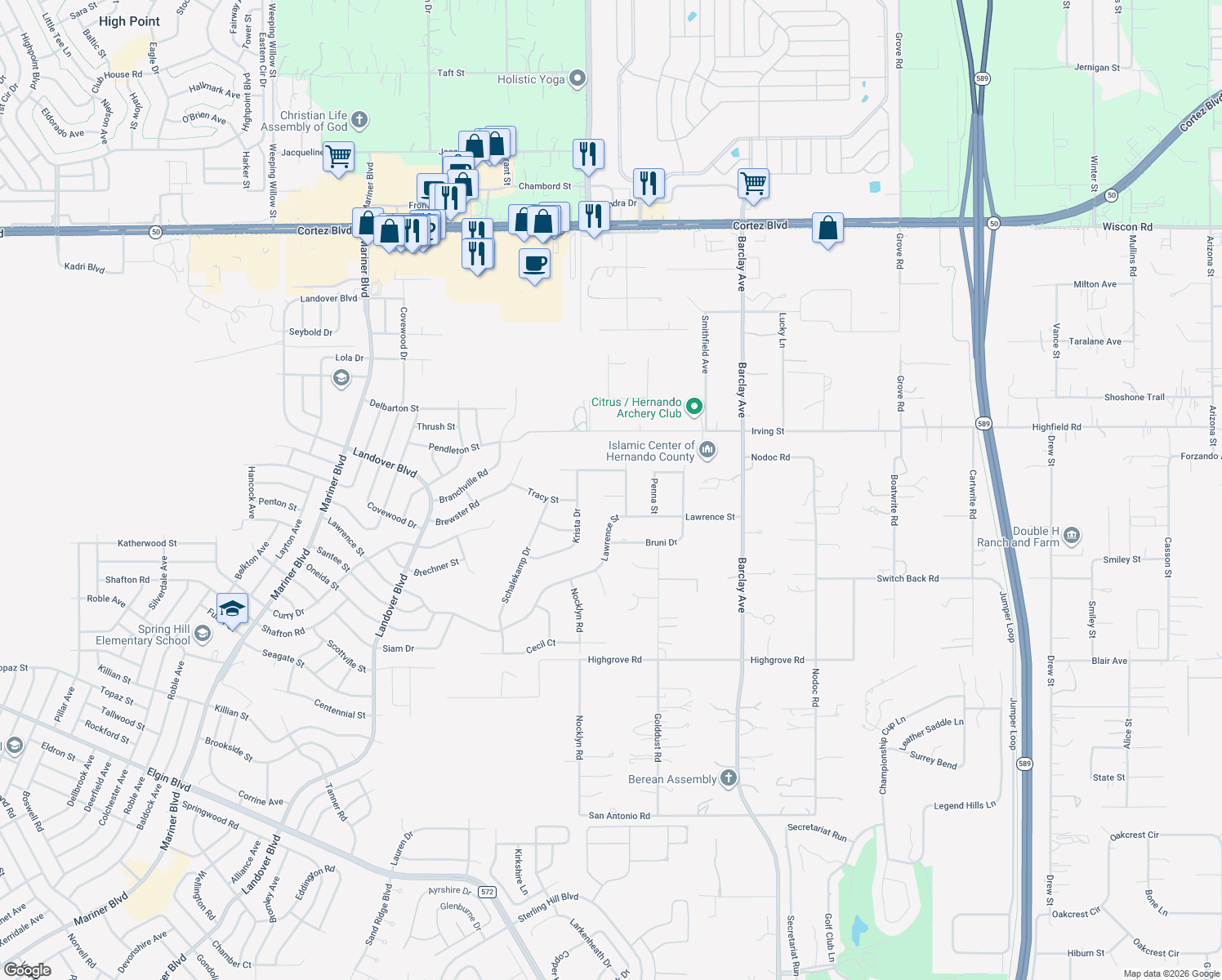 map of restaurants, bars, coffee shops, grocery stores, and more near 13469 Pia Ct in Spring Hill