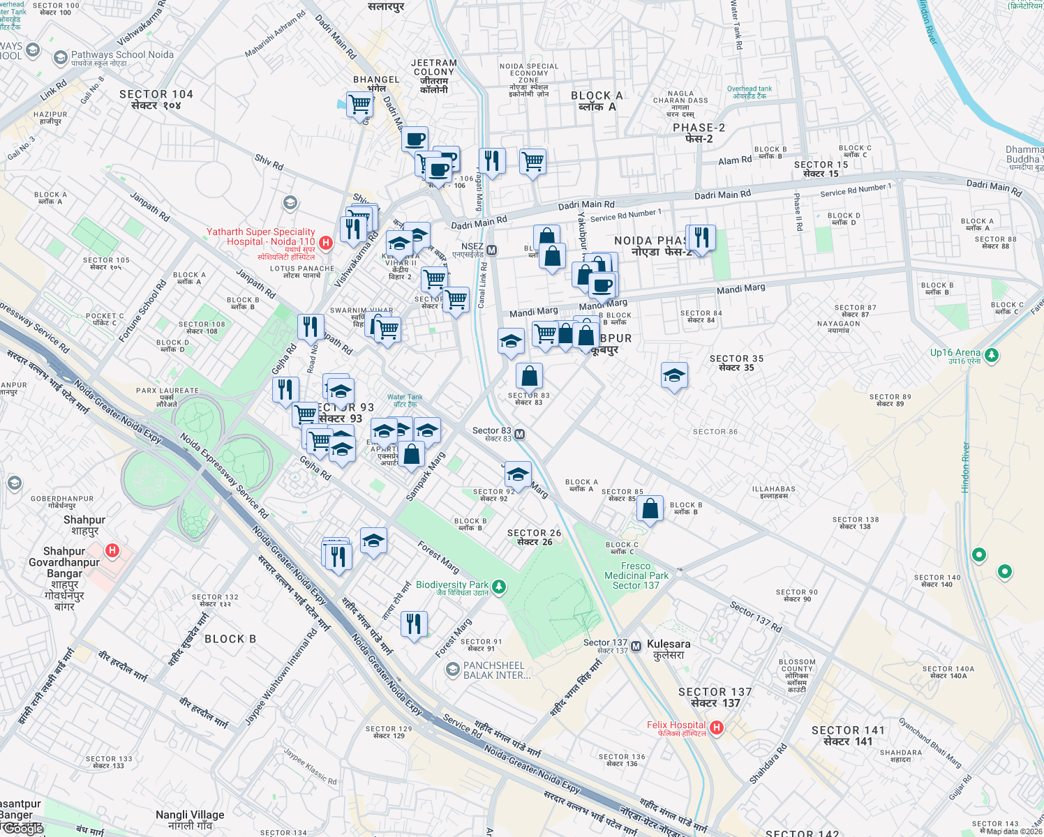 map of restaurants, bars, coffee shops, grocery stores, and more near Noida Greater Noida Express Way in Noida