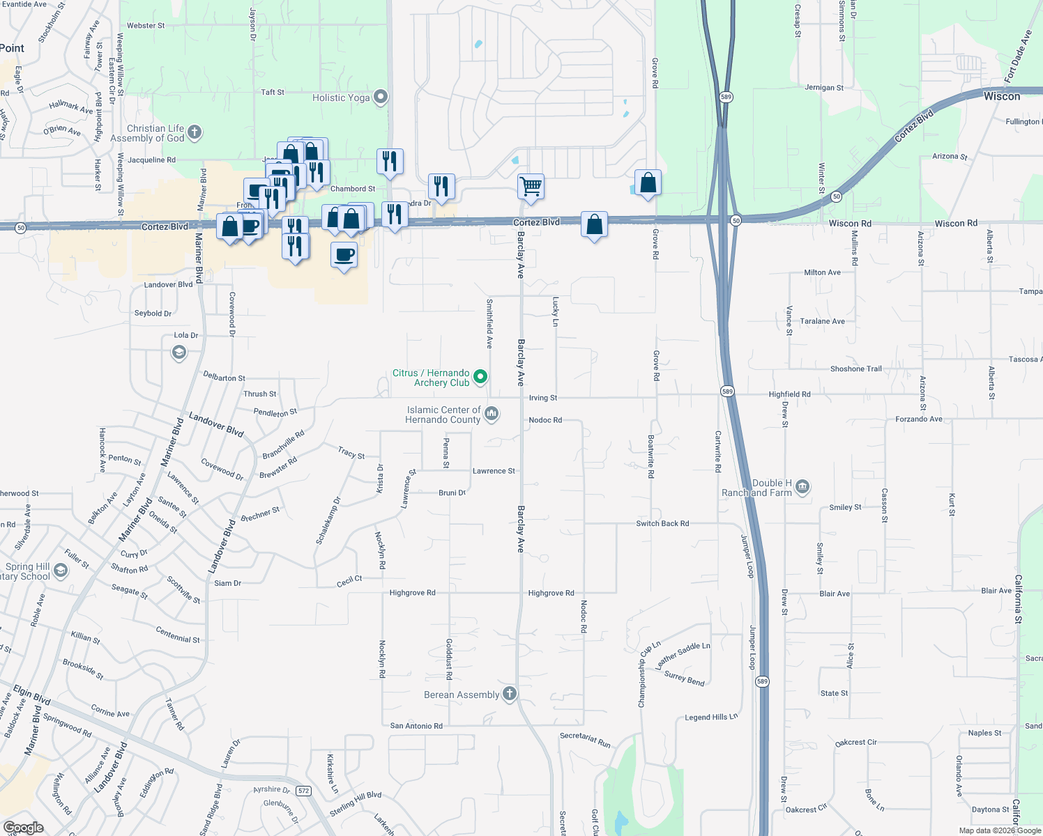 map of restaurants, bars, coffee shops, grocery stores, and more near 6317 Barclay Avenue in Spring Hill