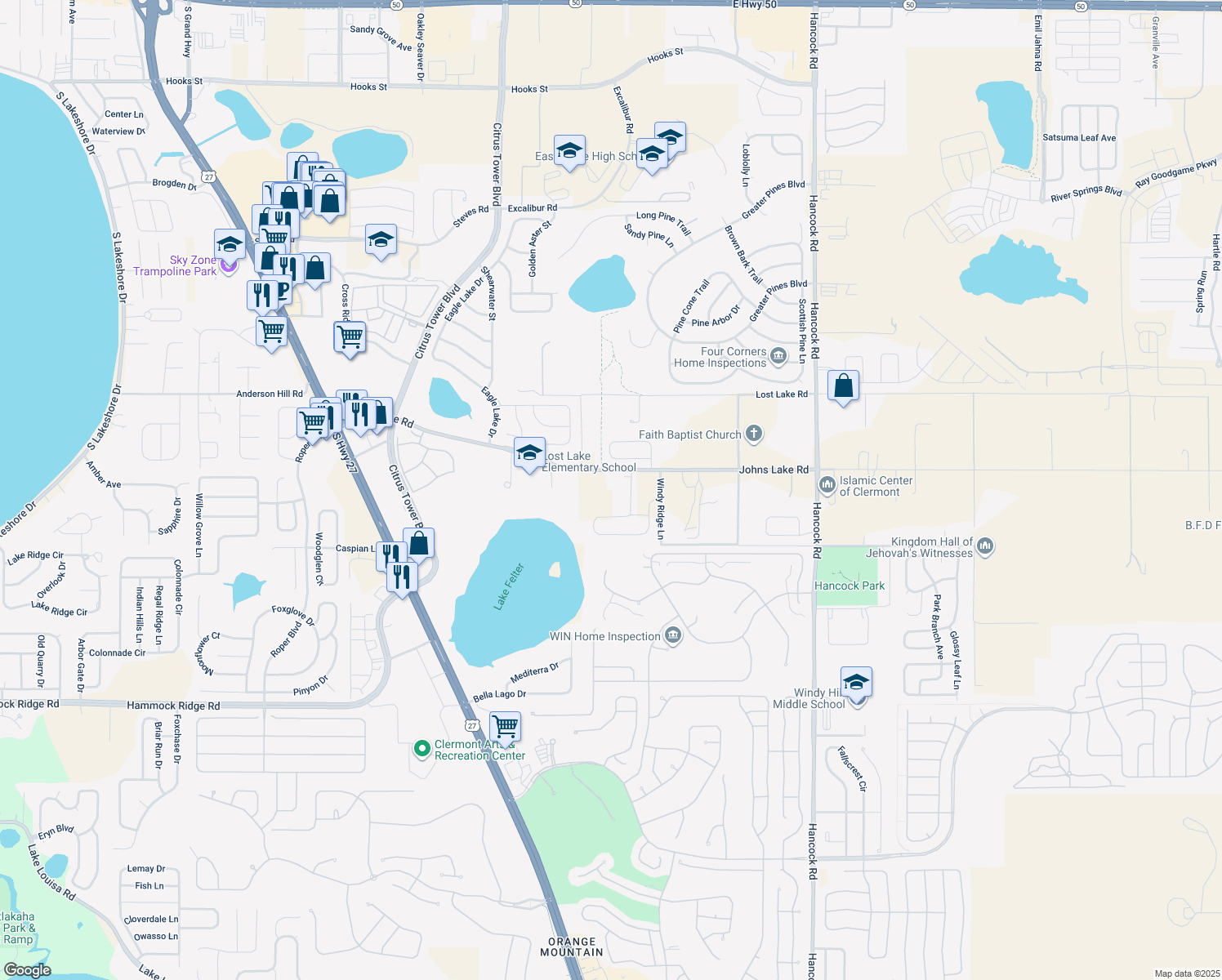 map of restaurants, bars, coffee shops, grocery stores, and more near 14324 Johns Lake Road in Clermont
