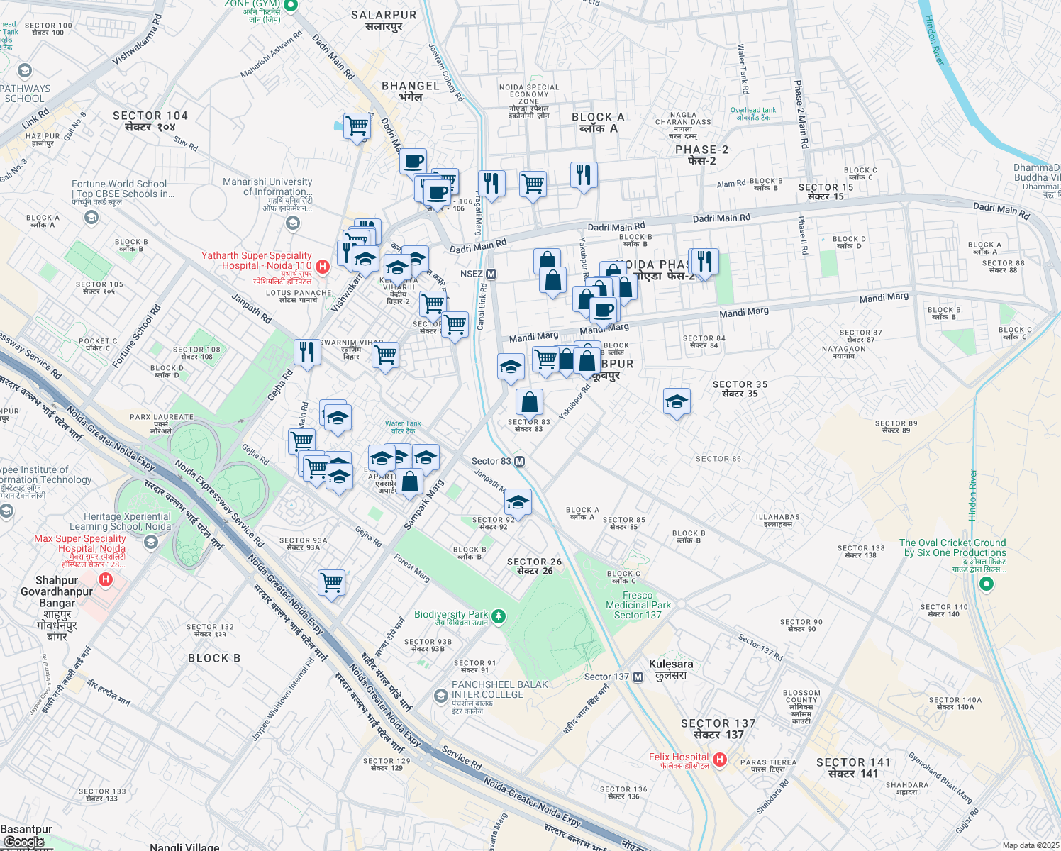 map of restaurants, bars, coffee shops, grocery stores, and more near Noida-Greater Noida Expressway in Noida