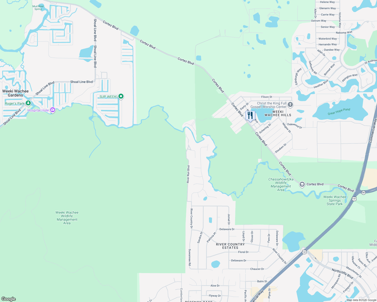 map of restaurants, bars, coffee shops, grocery stores, and more near 6502 River Run Boulevard in Weeki Wachee