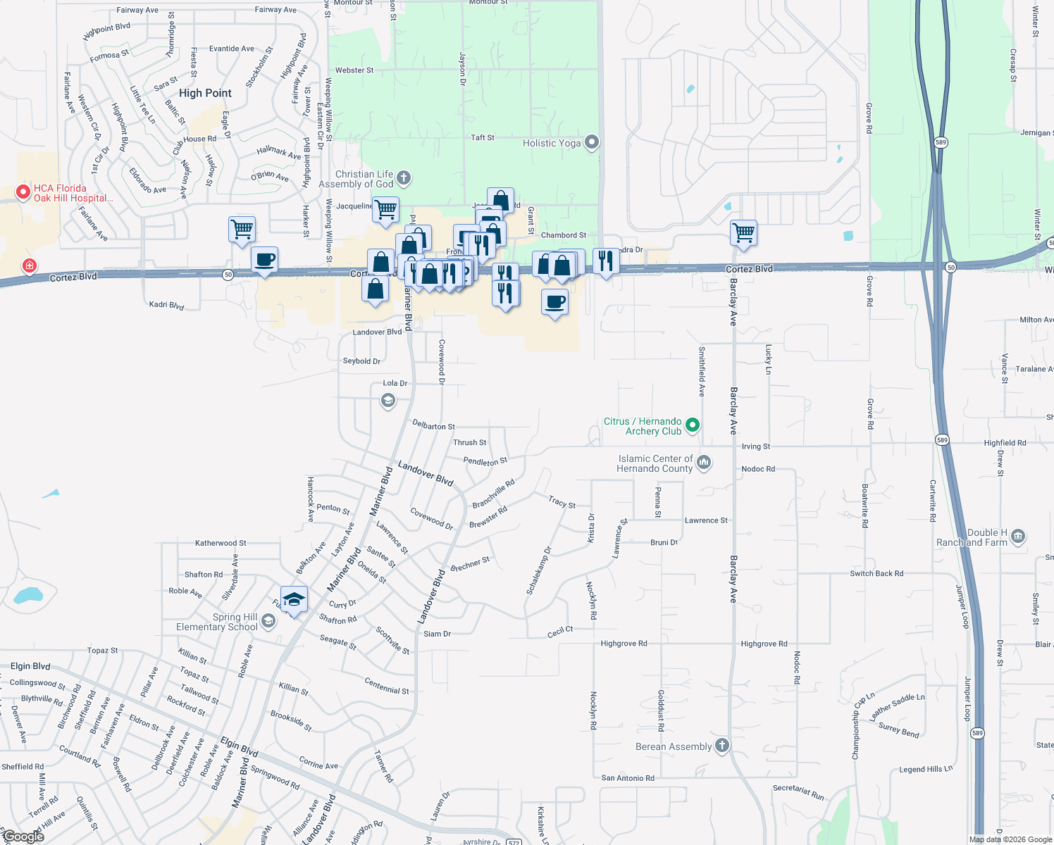 map of restaurants, bars, coffee shops, grocery stores, and more near 13277 Delbarton Street in Spring Hill