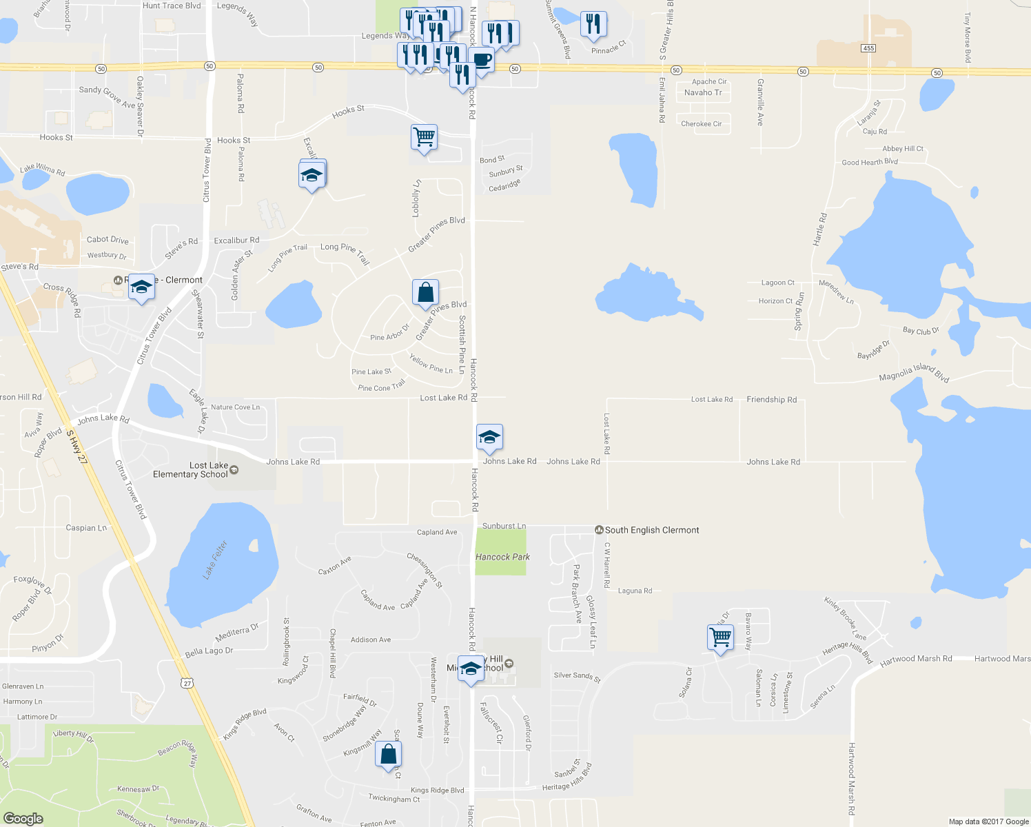 map of restaurants, bars, coffee shops, grocery stores, and more near 15128 Lost Lake Road in Clermont