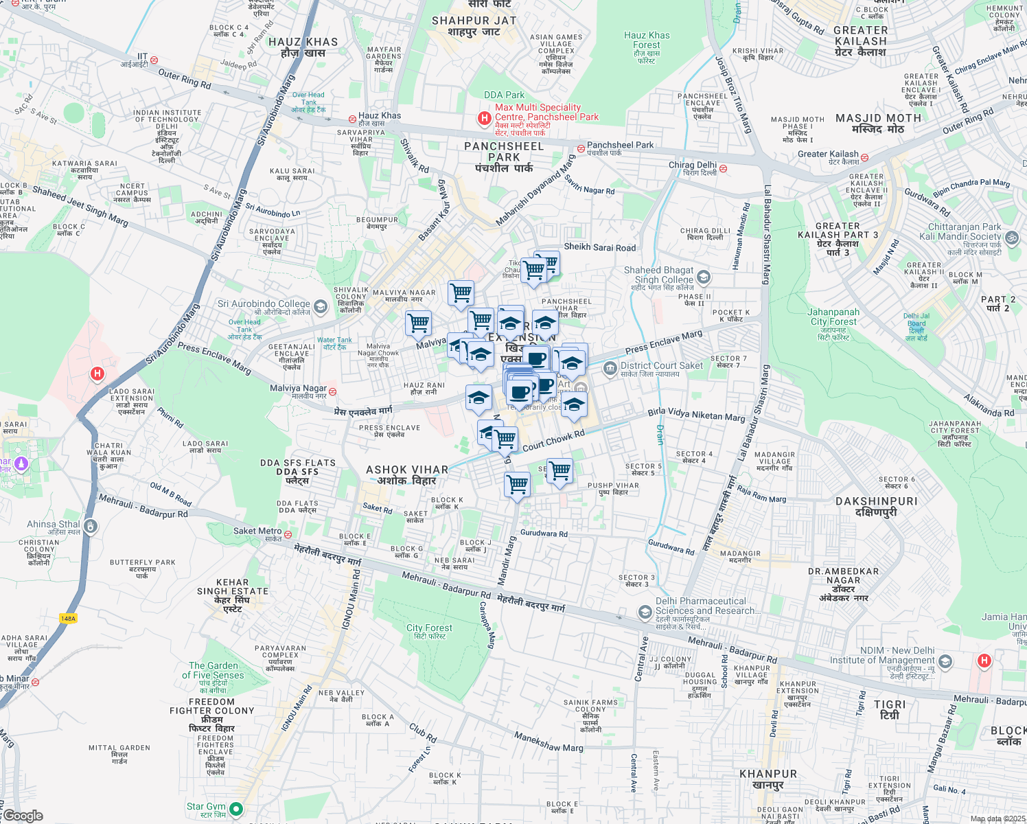 map of restaurants, bars, coffee shops, grocery stores, and more near in New Delhi