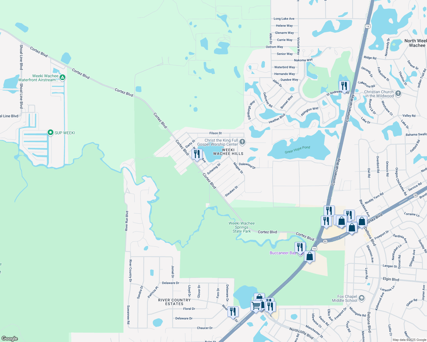 map of restaurants, bars, coffee shops, grocery stores, and more near 7040 Schering Street in Weeki Wachee
