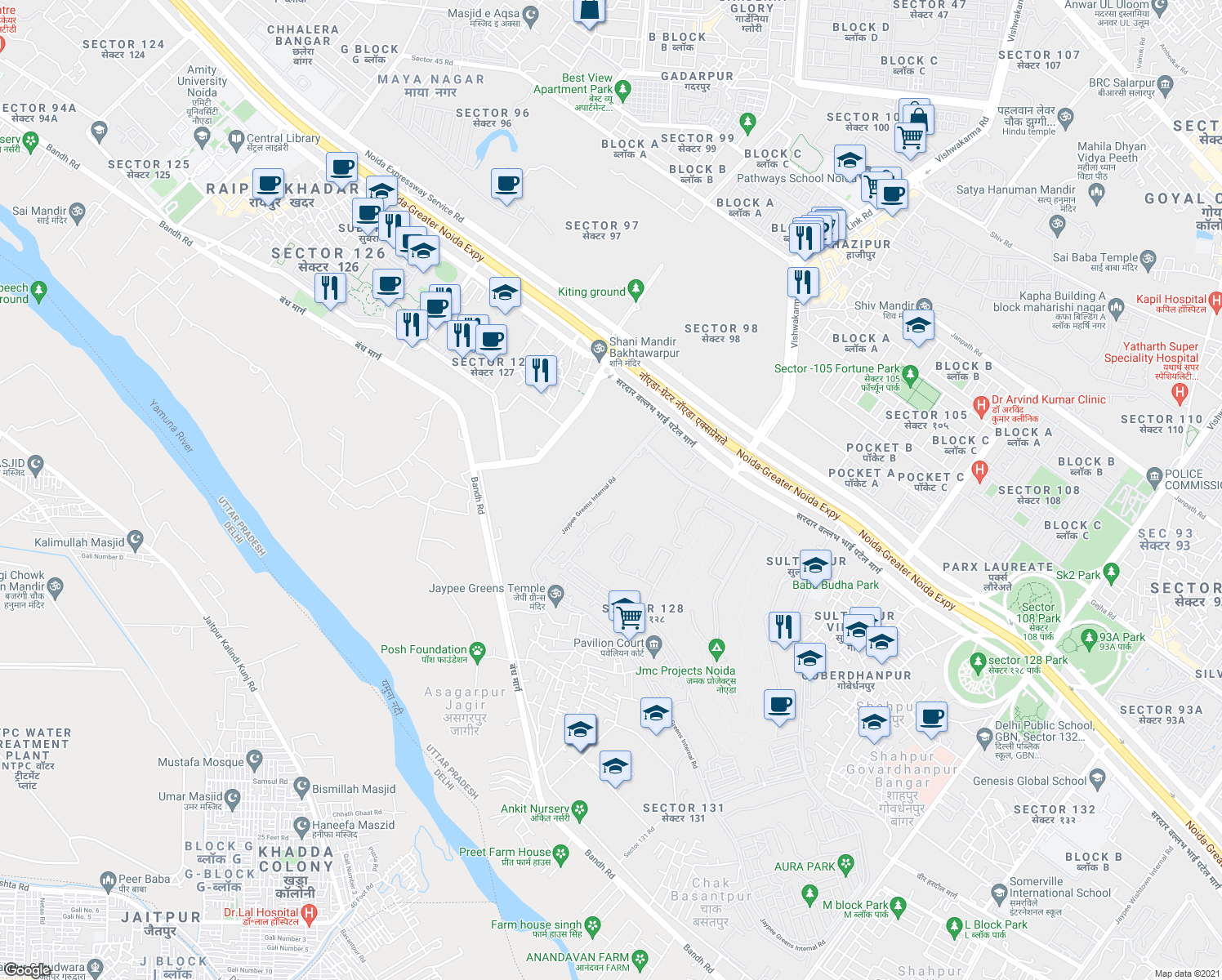 map of restaurants, bars, coffee shops, grocery stores, and more near Noida Greater Noida Express Way in New Okhla Industrial Development Area