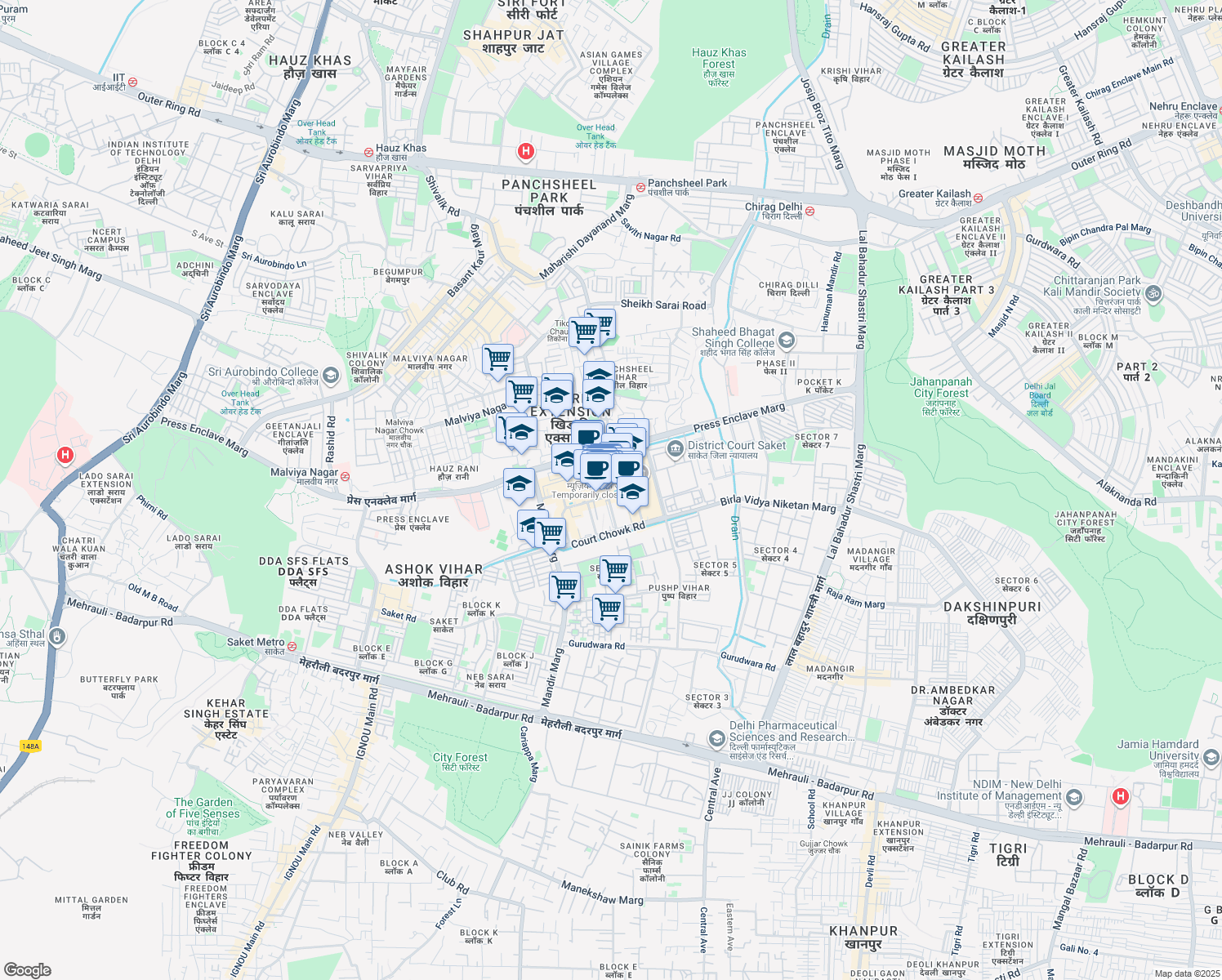 map of restaurants, bars, coffee shops, grocery stores, and more near in New Delhi