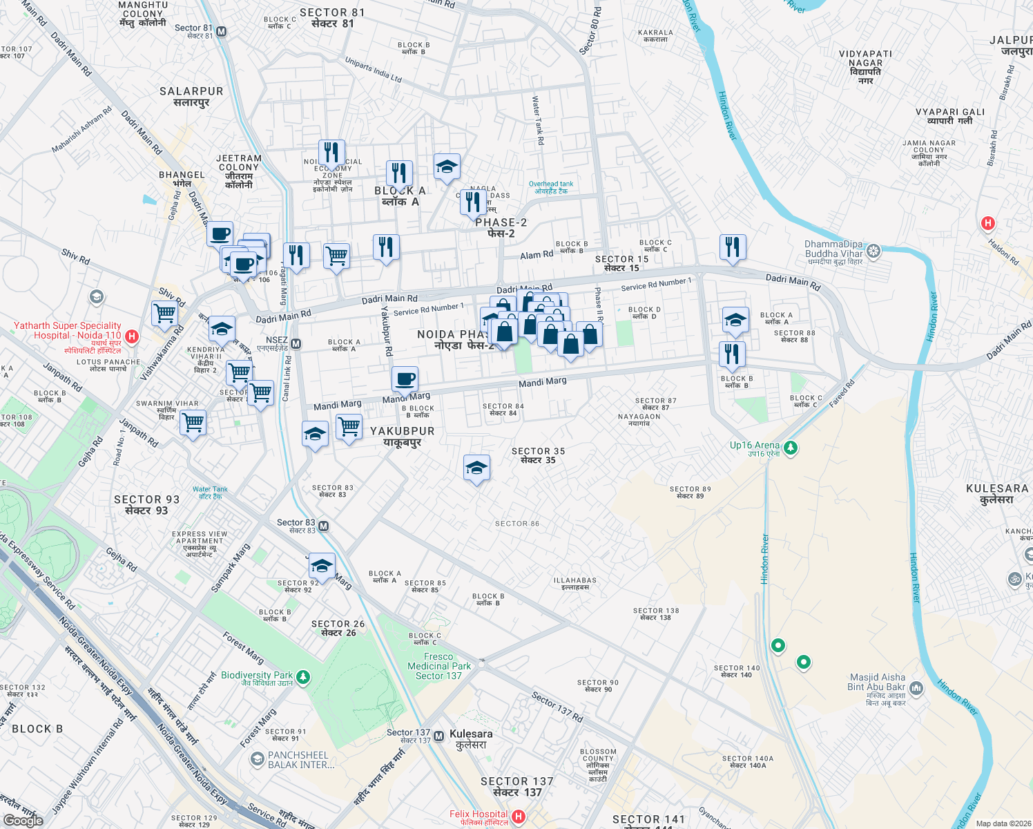 map of restaurants, bars, coffee shops, grocery stores, and more near Hosiery Complex Road in New Okhla Industrial Development Area