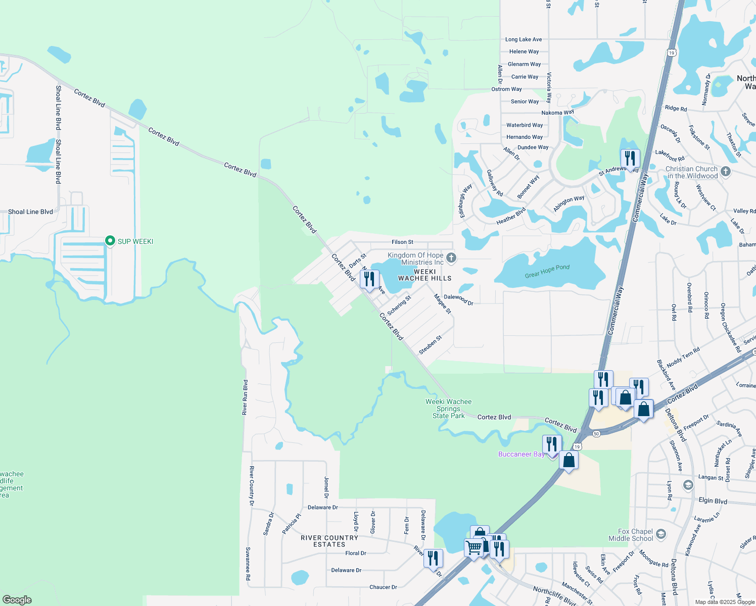 map of restaurants, bars, coffee shops, grocery stores, and more near 7037 Saginaw Street in Weeki Wachee