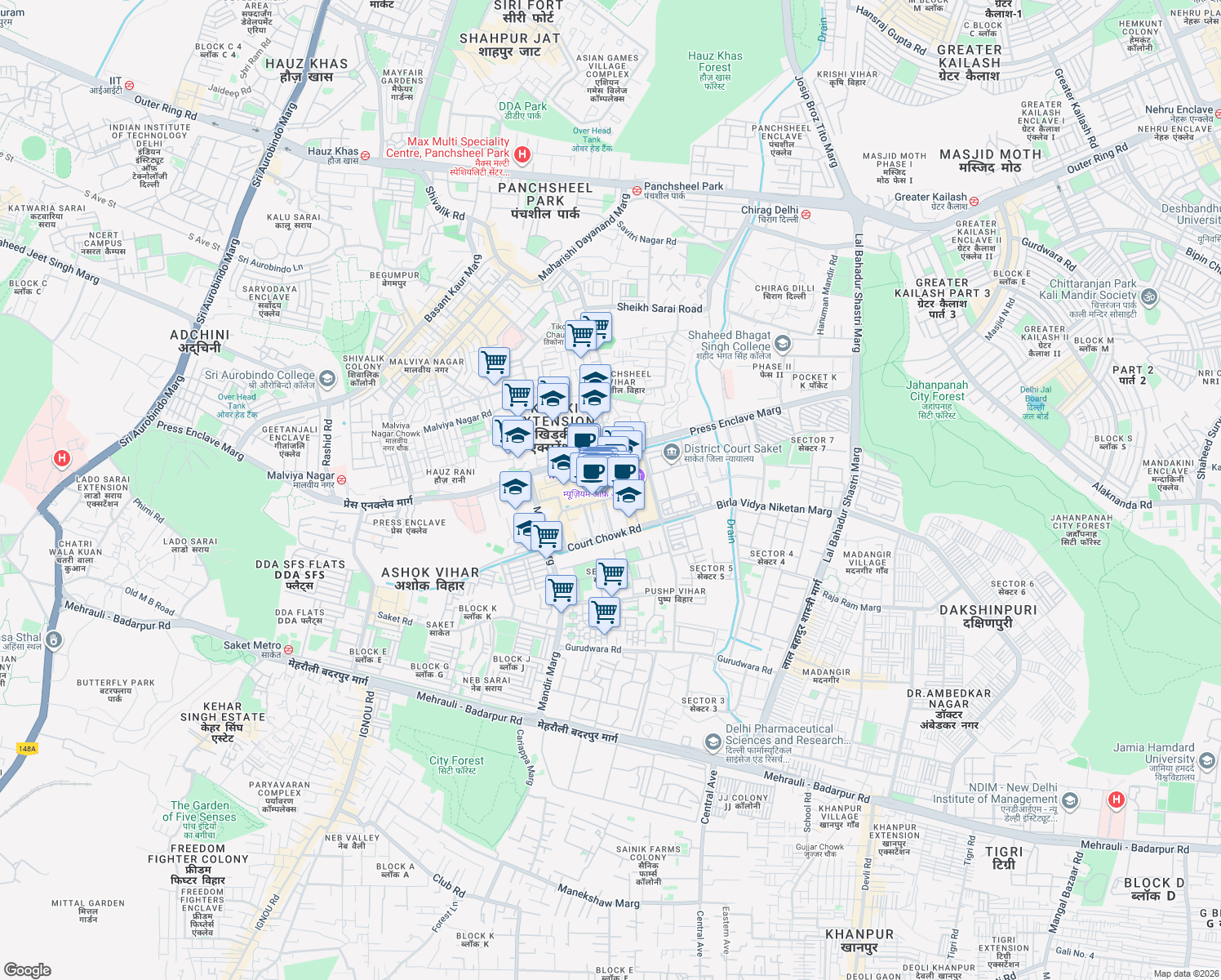 map of restaurants, bars, coffee shops, grocery stores, and more near in New Delhi