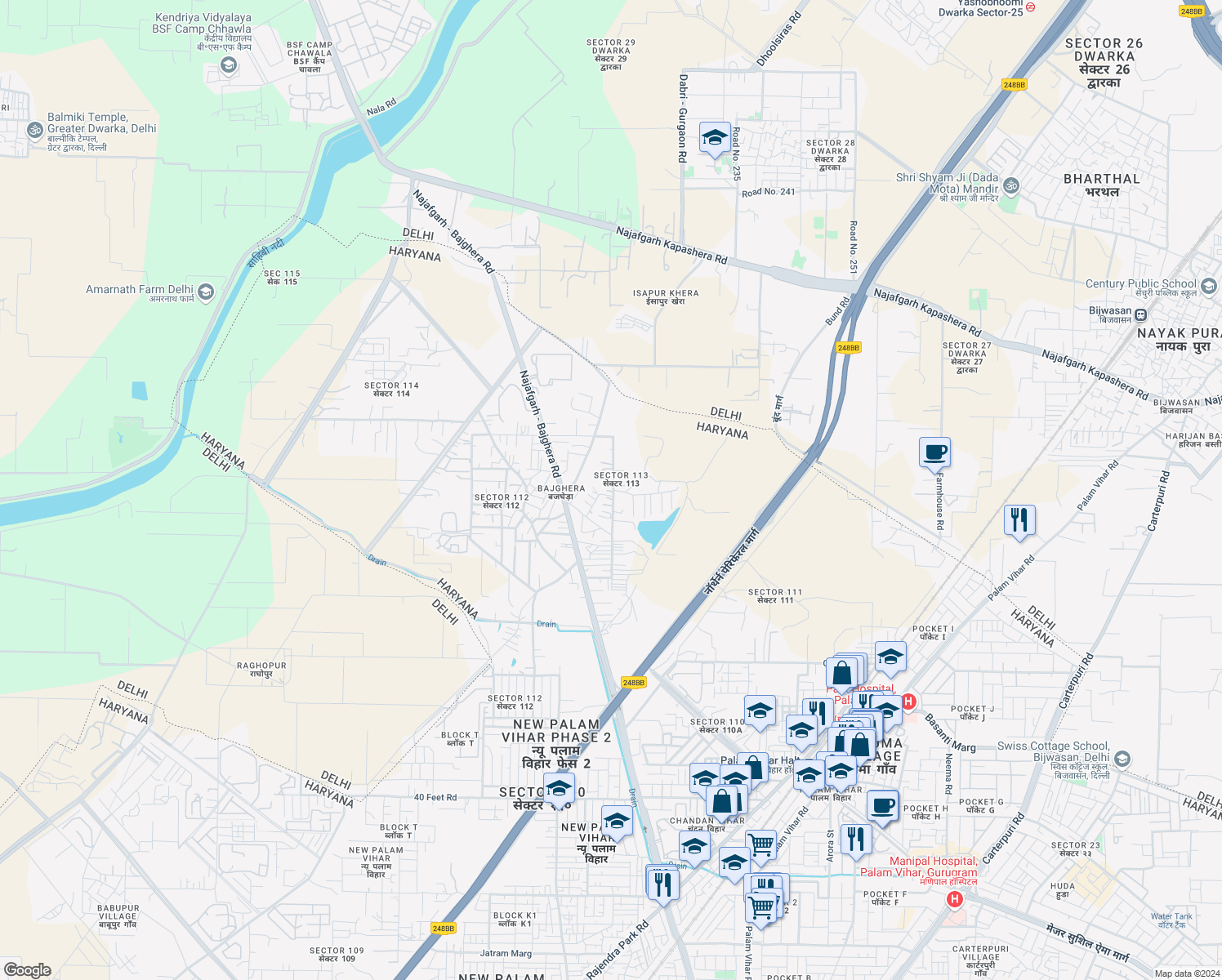 map of restaurants, bars, coffee shops, grocery stores, and more near in Gurugram