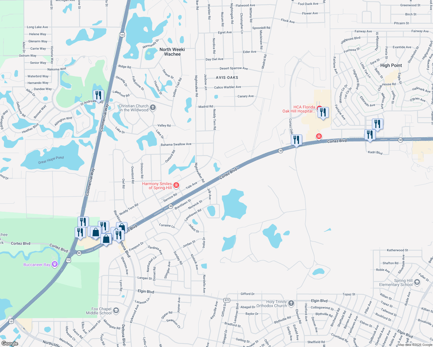 map of restaurants, bars, coffee shops, grocery stores, and more near 10385 Cortez Boulevard in Weeki Wachee