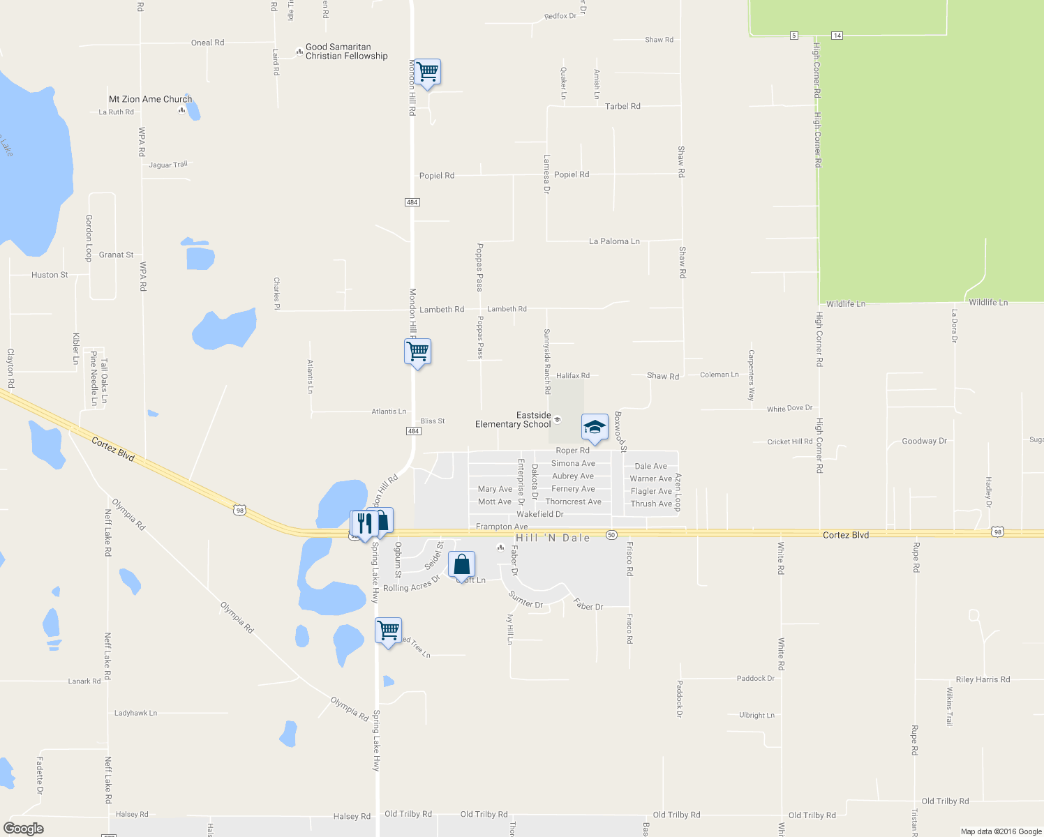 map of restaurants, bars, coffee shops, grocery stores, and more near 6421 Sunnyside Ranch Road in Brooksville