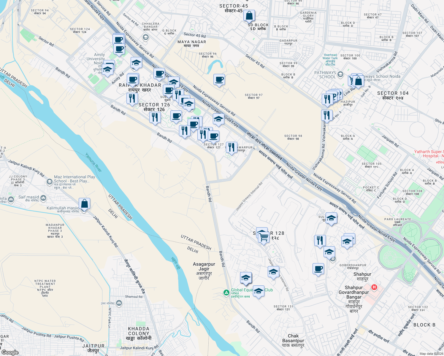 map of restaurants, bars, coffee shops, grocery stores, and more near Noida Greater Noida Express Way in Noida