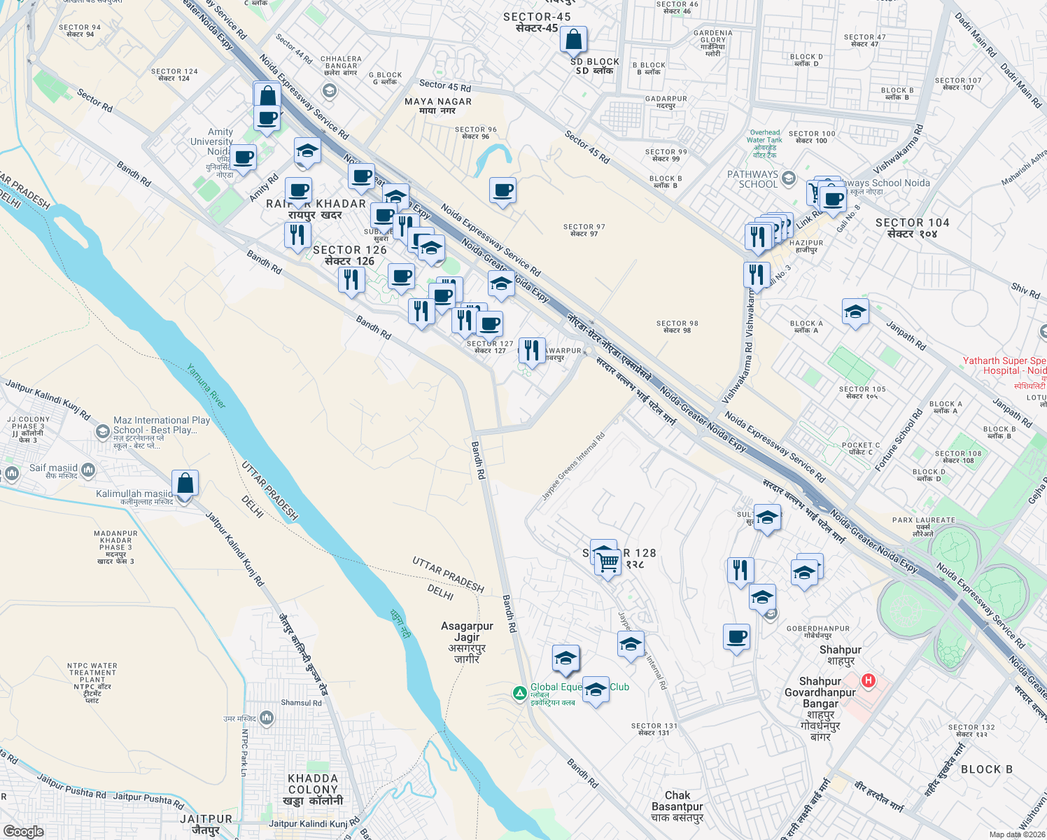 map of restaurants, bars, coffee shops, grocery stores, and more near 15a Bandh Road in Noida
