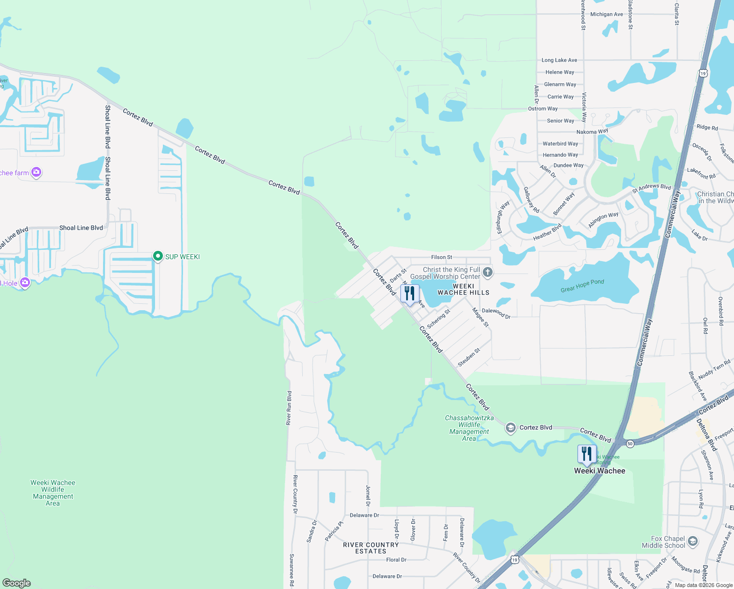 map of restaurants, bars, coffee shops, grocery stores, and more near 7149 Spruce Drive in Weeki Wachee