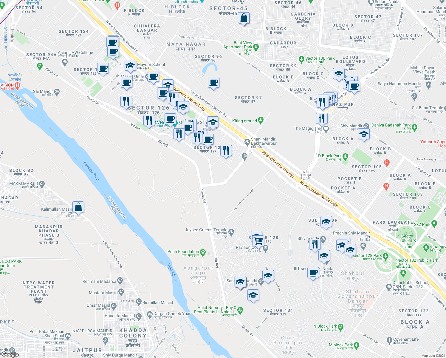 map of restaurants, bars, coffee shops, grocery stores, and more near 15a Bandh Road in Noida
