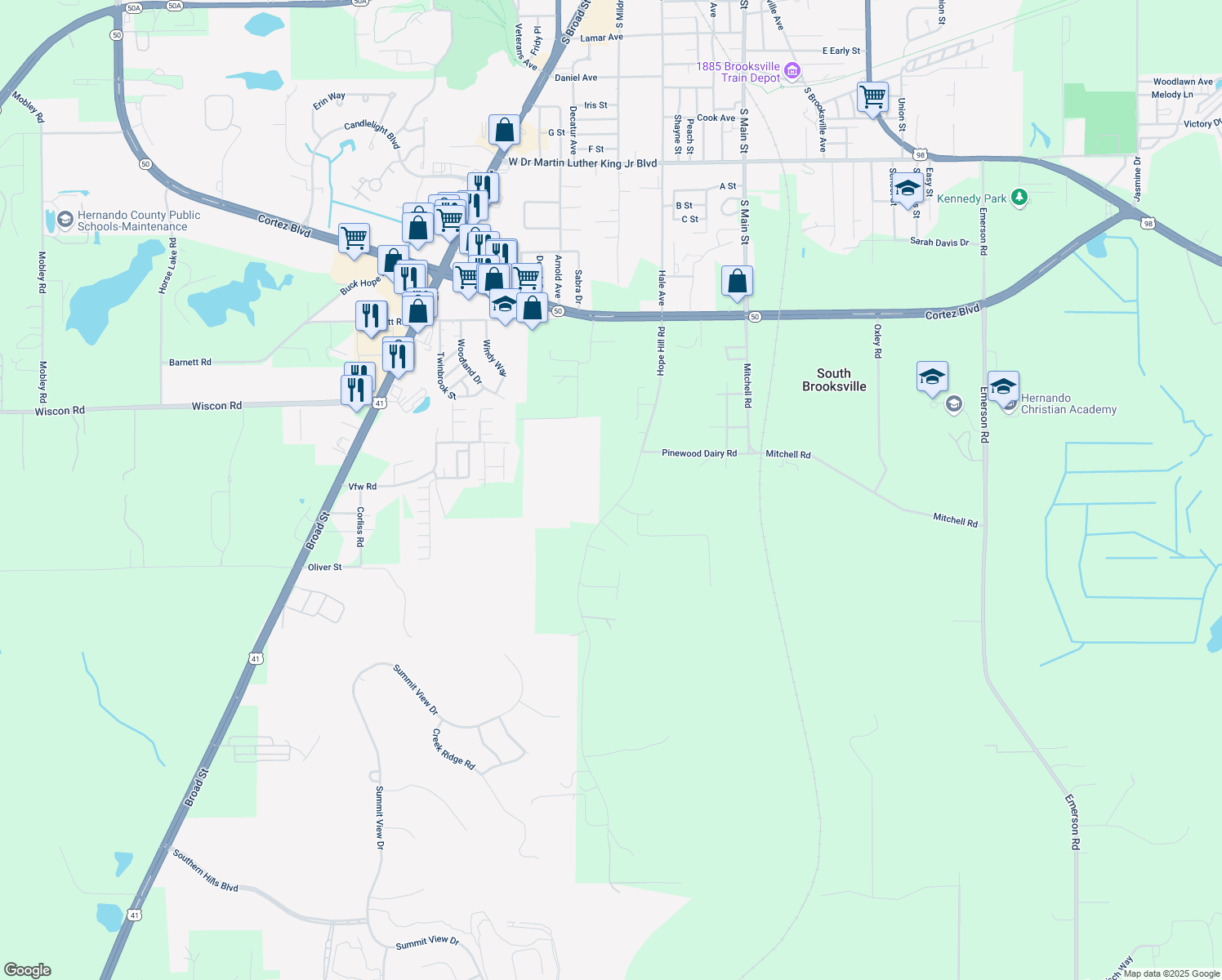 map of restaurants, bars, coffee shops, grocery stores, and more near 7063 Hope Hill Road in Brooksville