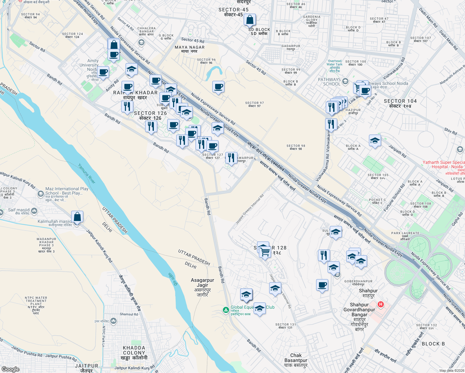 map of restaurants, bars, coffee shops, grocery stores, and more near 15a Bandh Road in Noida