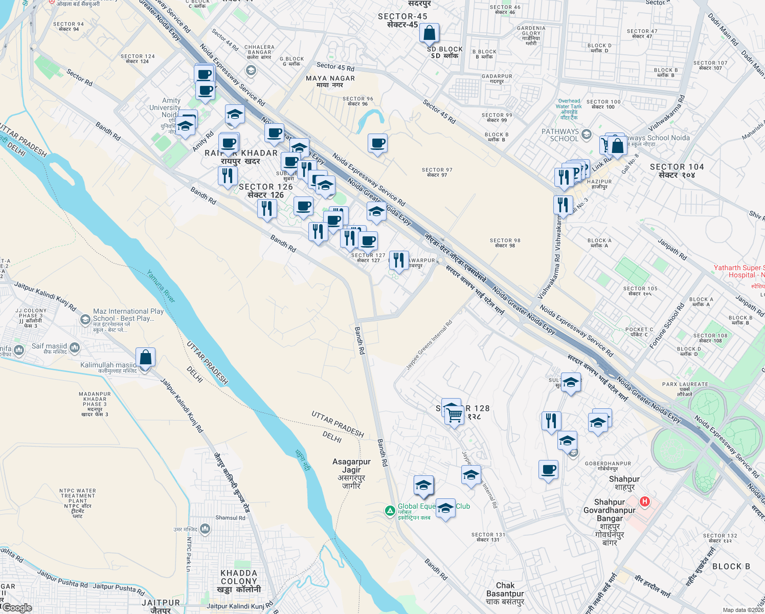 map of restaurants, bars, coffee shops, grocery stores, and more near in Noida
