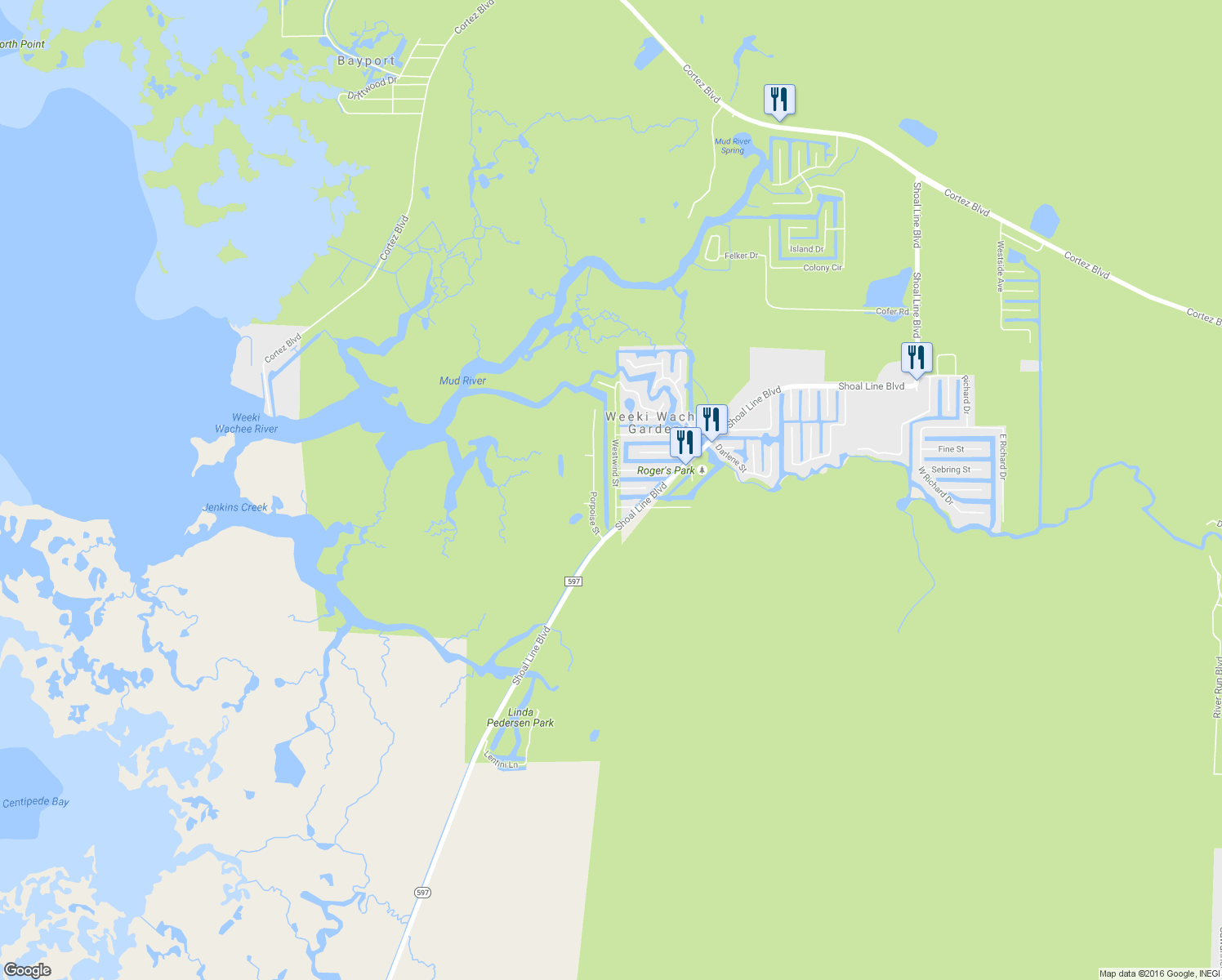 map of restaurants, bars, coffee shops, grocery stores, and more near 7091 Westwind Street in Weeki Wachee