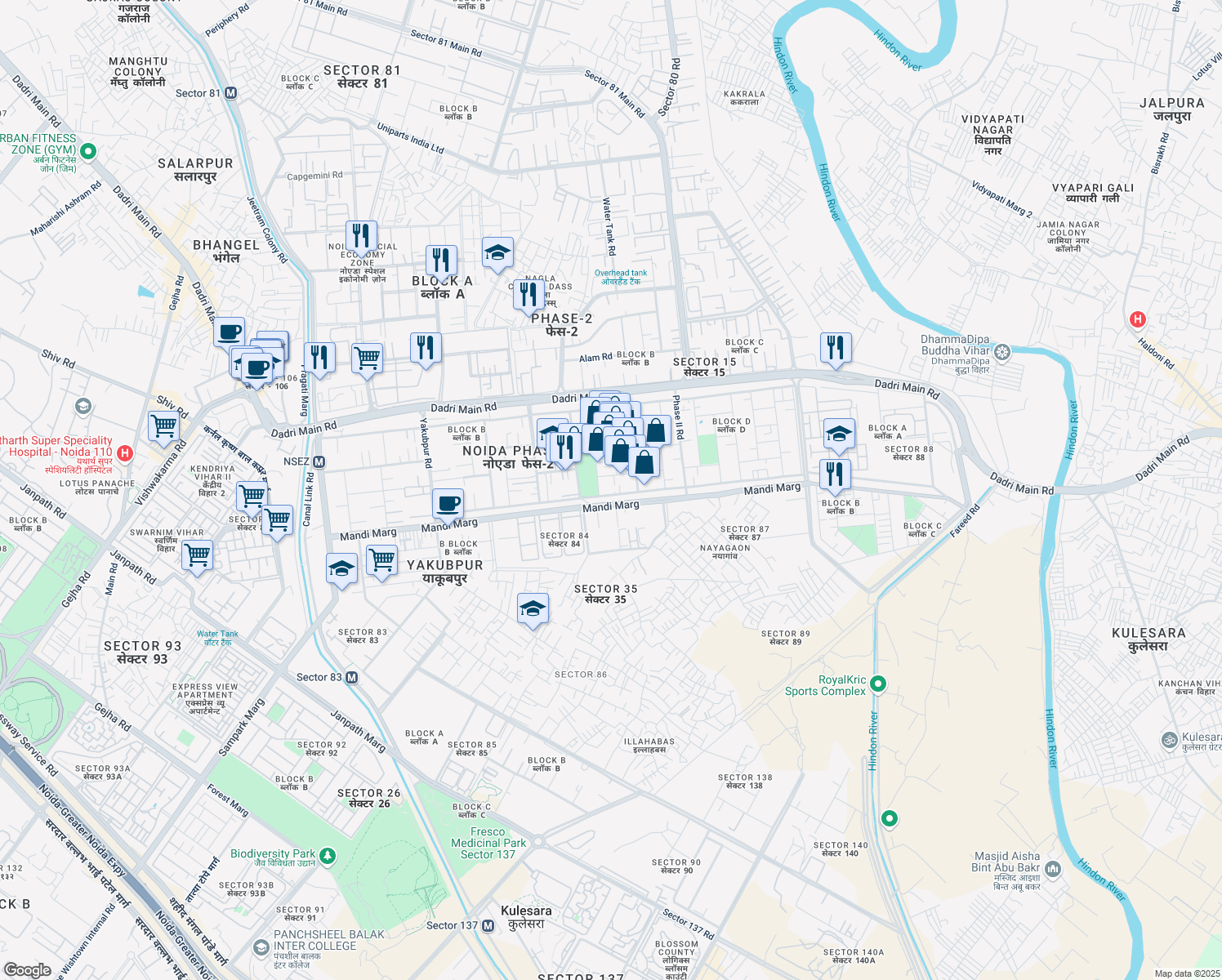 map of restaurants, bars, coffee shops, grocery stores, and more near in Noida