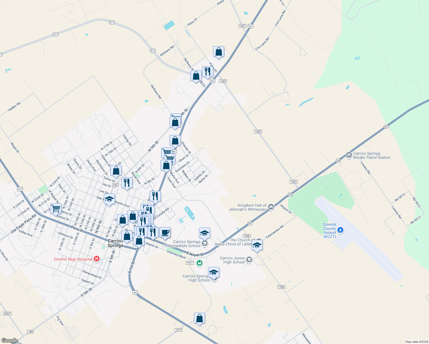 map of restaurants, bars, coffee shops, grocery stores, and more near 403 Retta St in Carrizo Springs