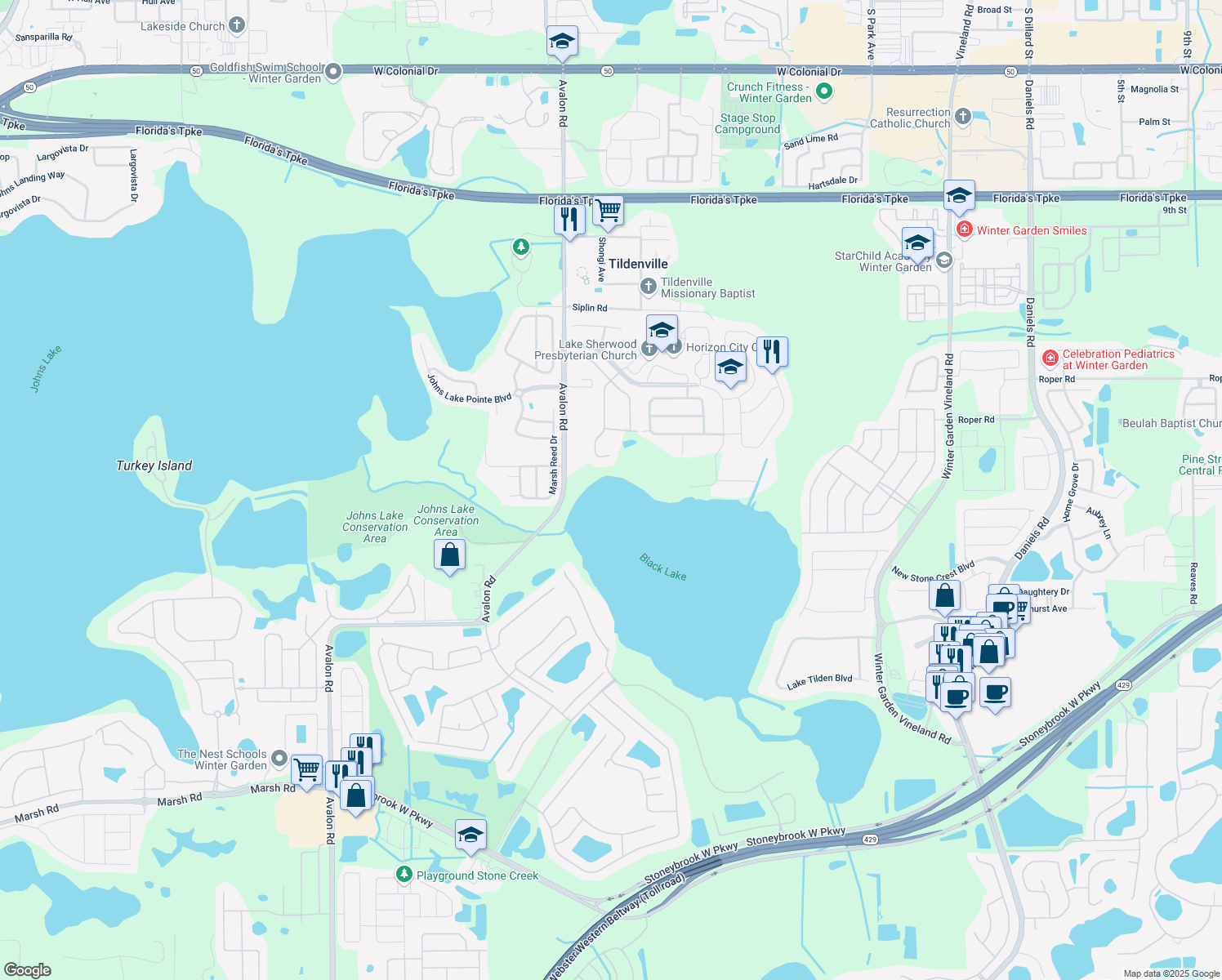 map of restaurants, bars, coffee shops, grocery stores, and more near 807 Avalon Road in Winter Garden