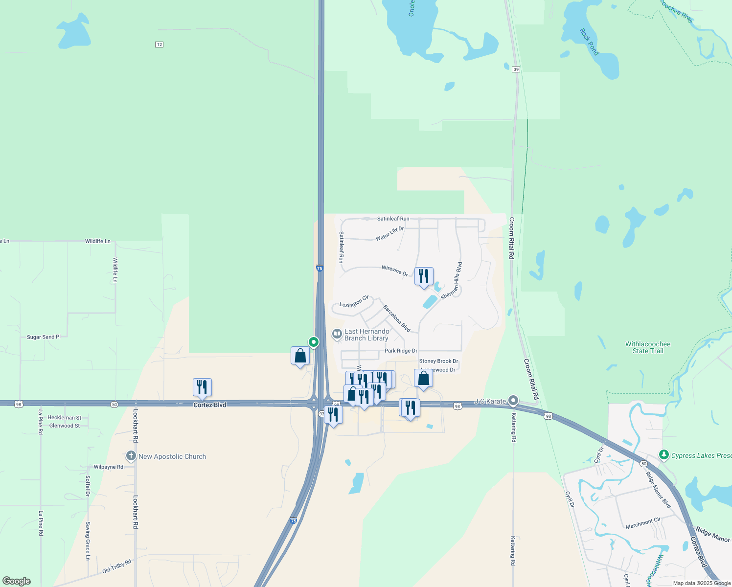 map of restaurants, bars, coffee shops, grocery stores, and more near 7078 Lexington Circle in Brooksville