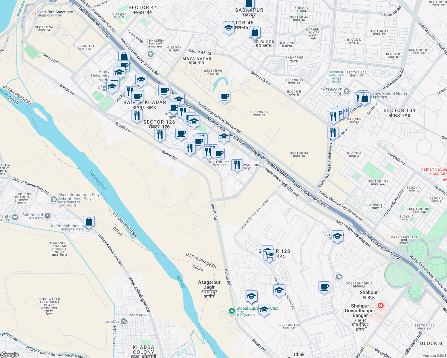 map of restaurants, bars, coffee shops, grocery stores, and more near 15a Bandh Road in Noida
