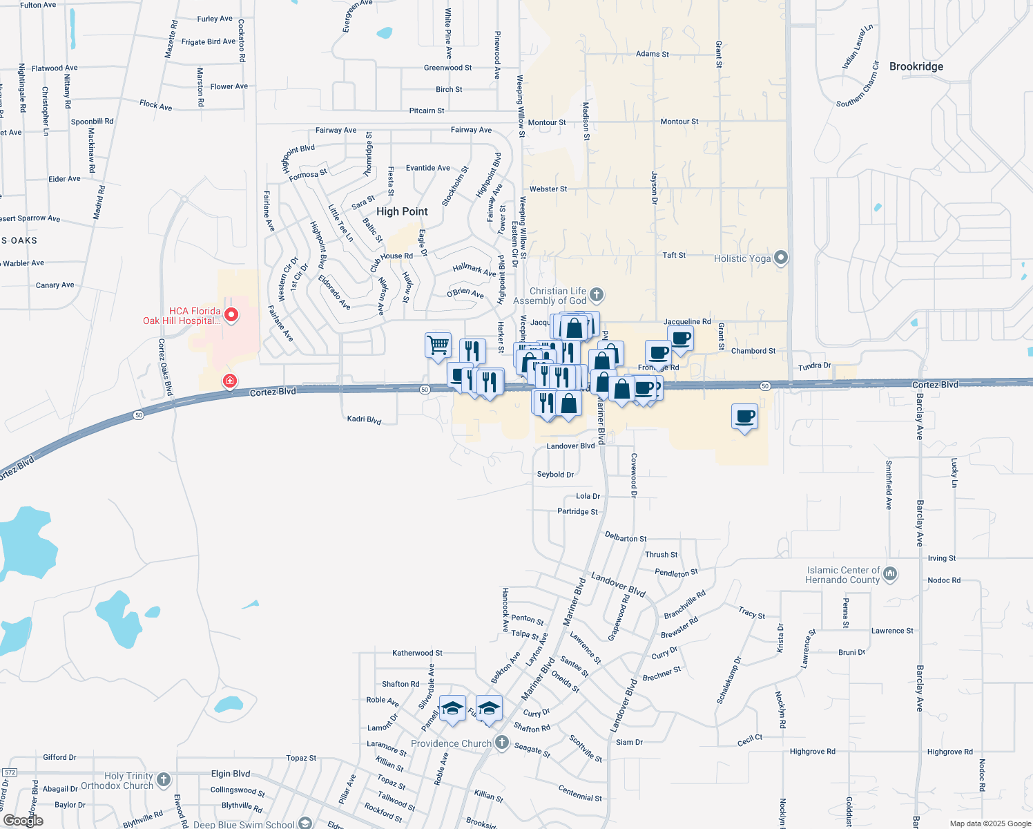 map of restaurants, bars, coffee shops, grocery stores, and more near 12440 Cortez Boulevard in Brooksville