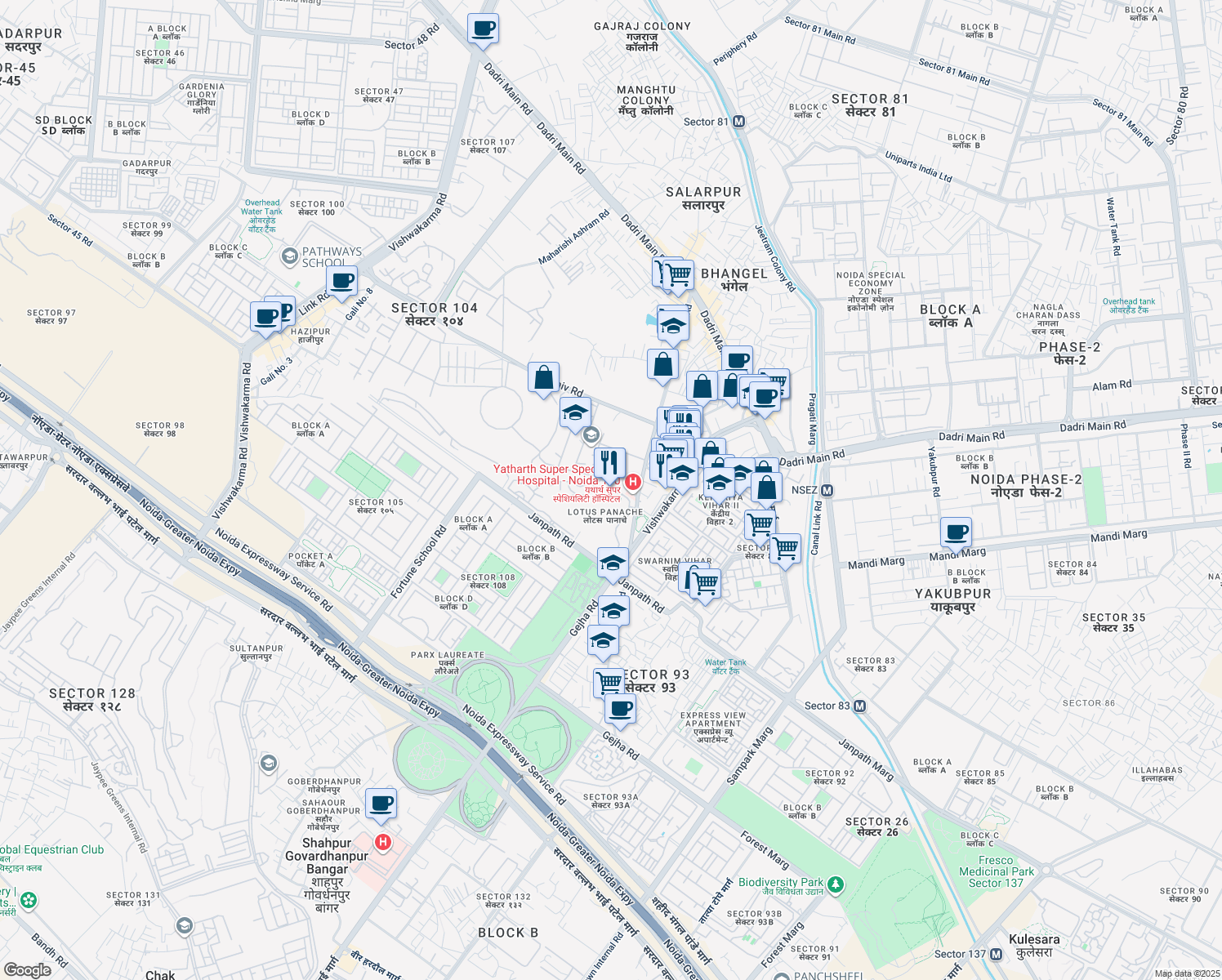 map of restaurants, bars, coffee shops, grocery stores, and more near in Noida