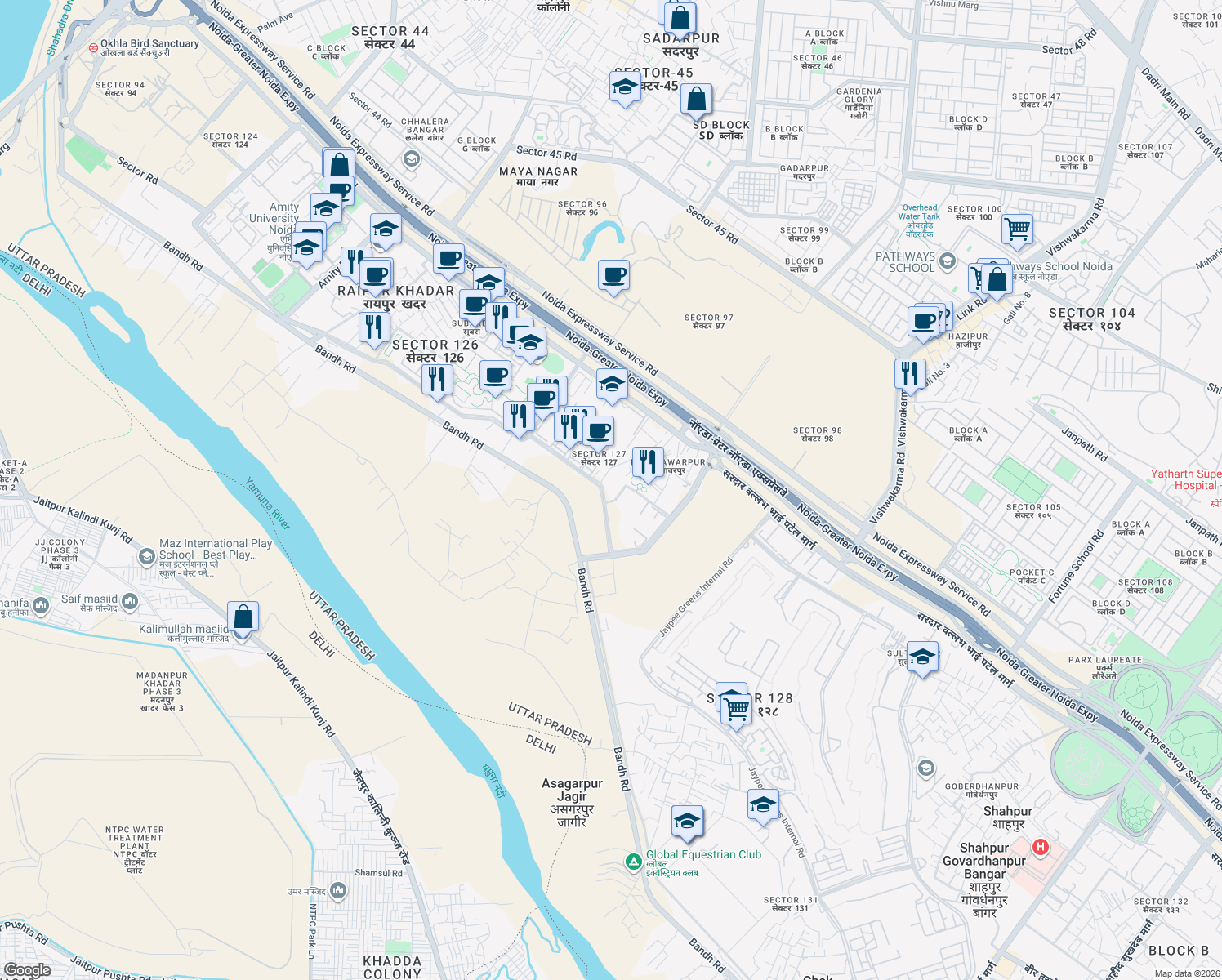 map of restaurants, bars, coffee shops, grocery stores, and more near Unnamed Road in Noida