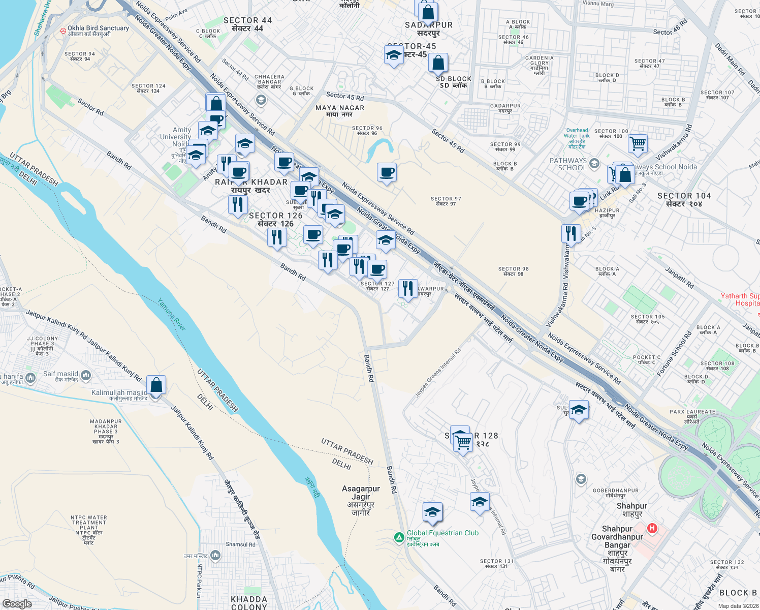 map of restaurants, bars, coffee shops, grocery stores, and more near in Noida