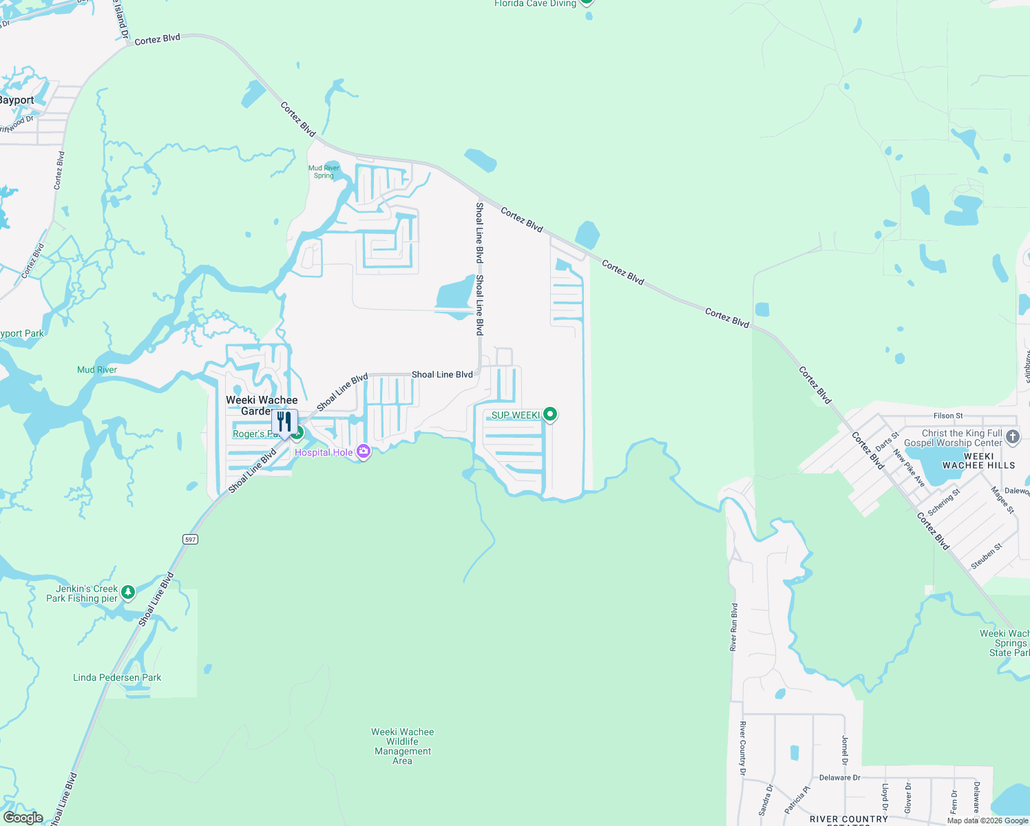 map of restaurants, bars, coffee shops, grocery stores, and more near 6419 West Richard Drive in Weeki Wachee