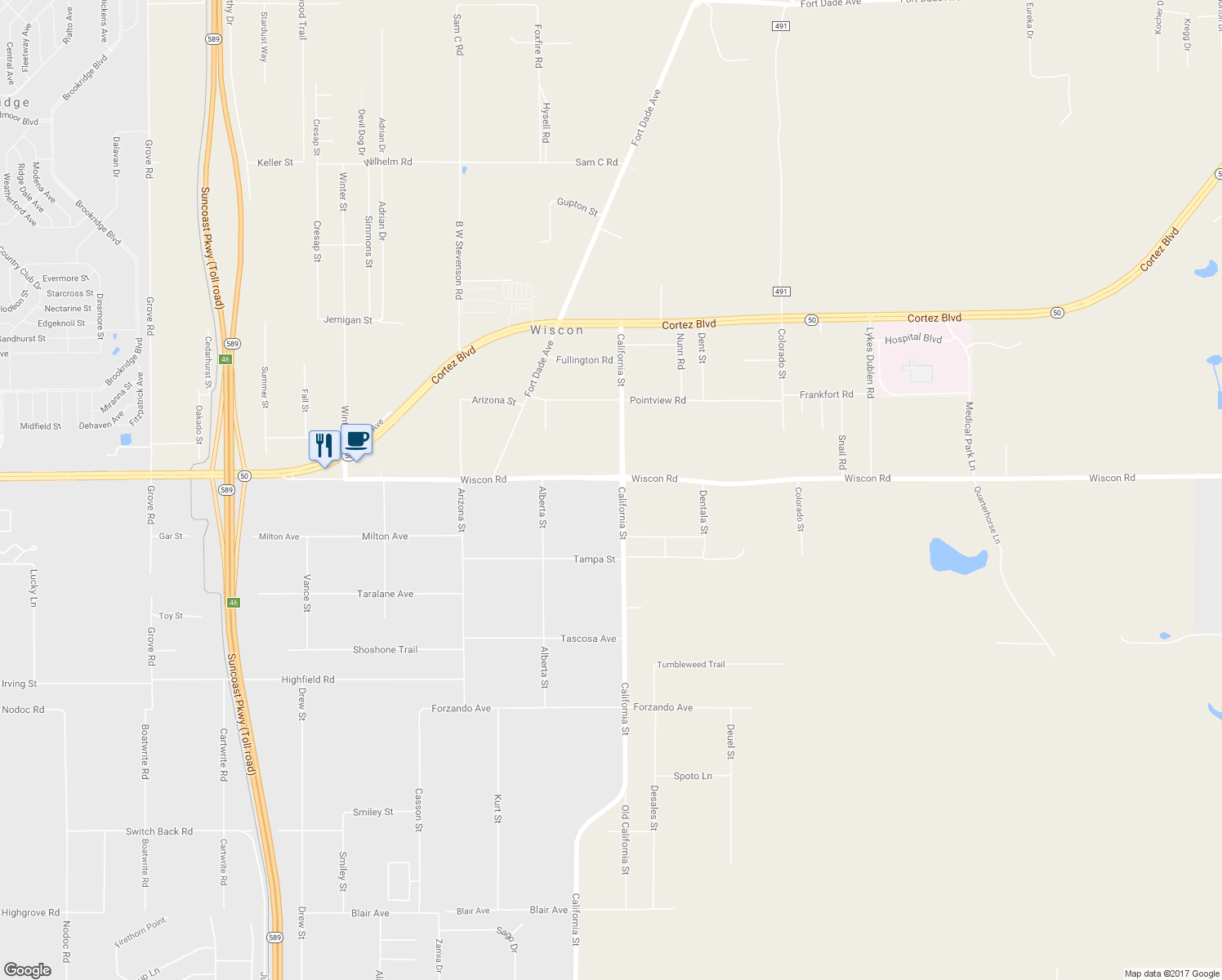 map of restaurants, bars, coffee shops, grocery stores, and more near 16250 Wiscon Road in Brooksville