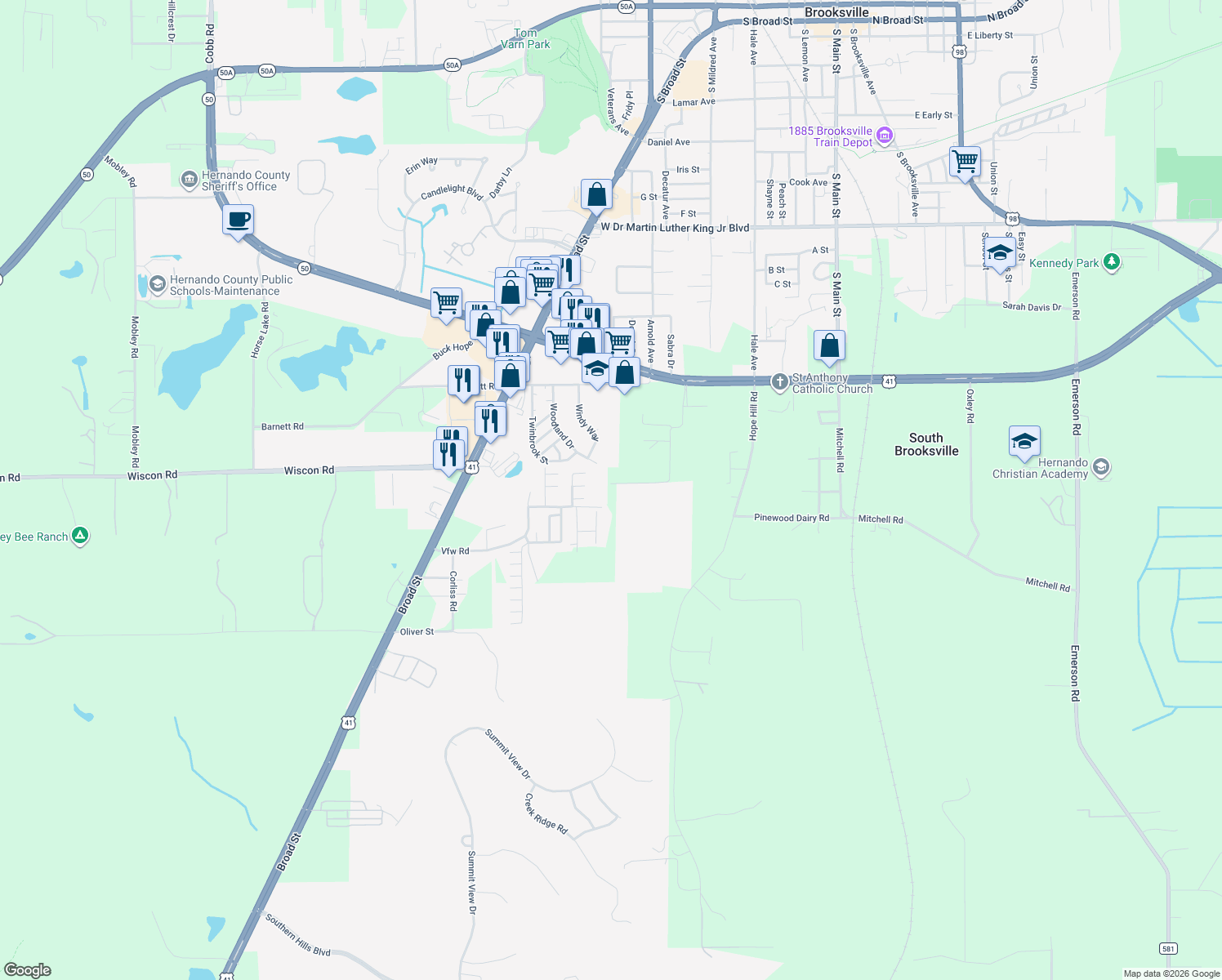 map of restaurants, bars, coffee shops, grocery stores, and more near 7242 Ray Browning Road in Brooksville