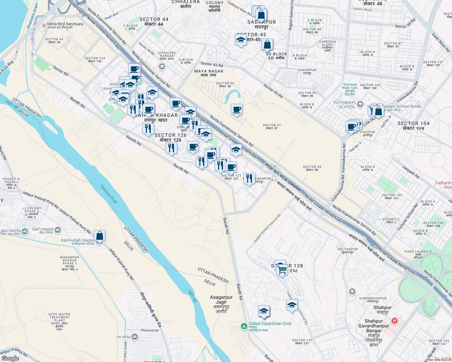 map of restaurants, bars, coffee shops, grocery stores, and more near Noida Greater Noida Express Way in New Okhla Industrial Development Area