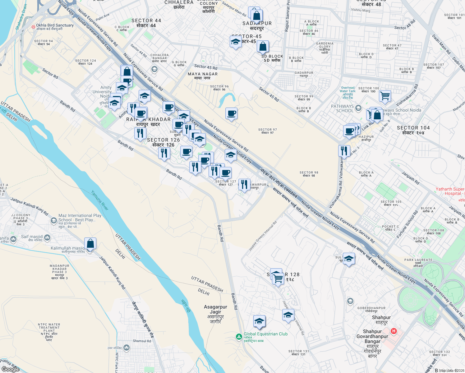 map of restaurants, bars, coffee shops, grocery stores, and more near Unnamed Road in Noida