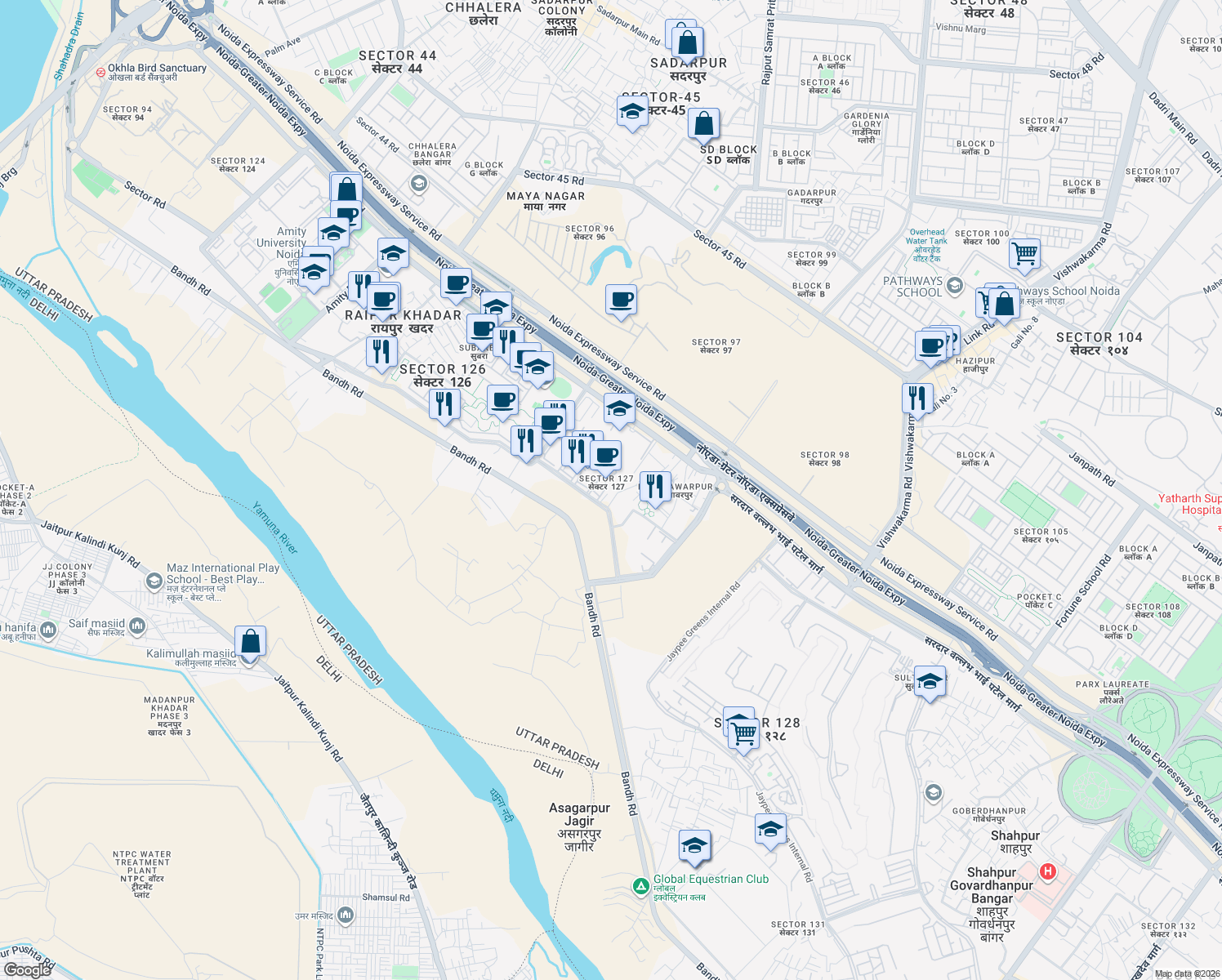 map of restaurants, bars, coffee shops, grocery stores, and more near Unnamed Road in Noida