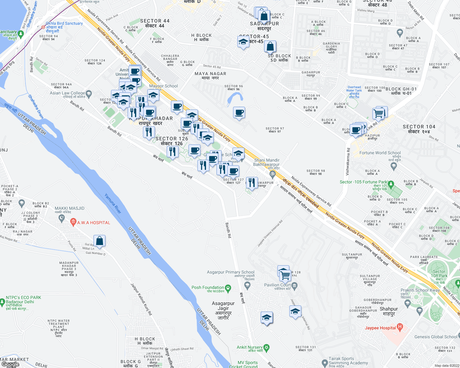 map of restaurants, bars, coffee shops, grocery stores, and more near in Noida