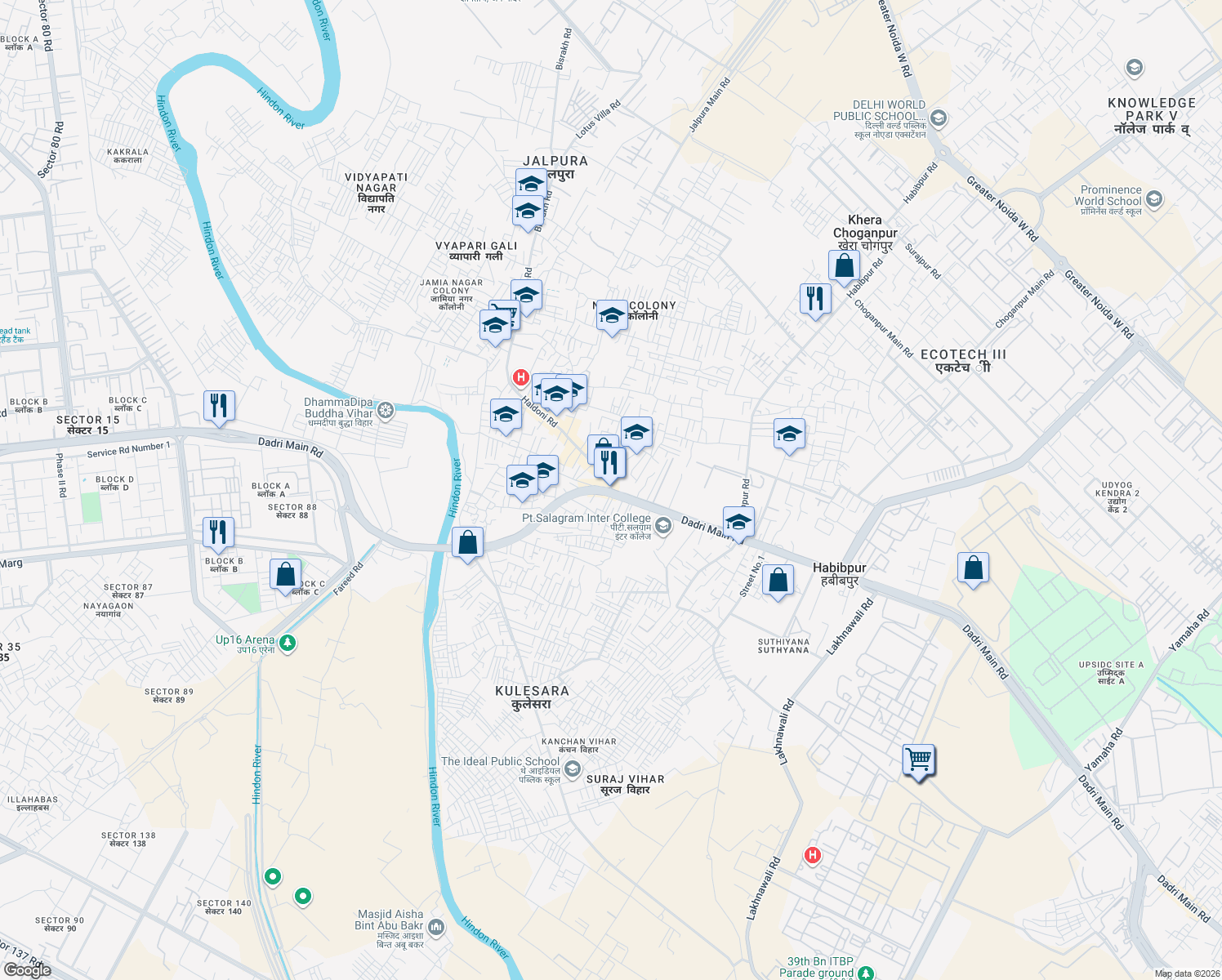 map of restaurants, bars, coffee shops, grocery stores, and more near Dadri Road in Greater Noida