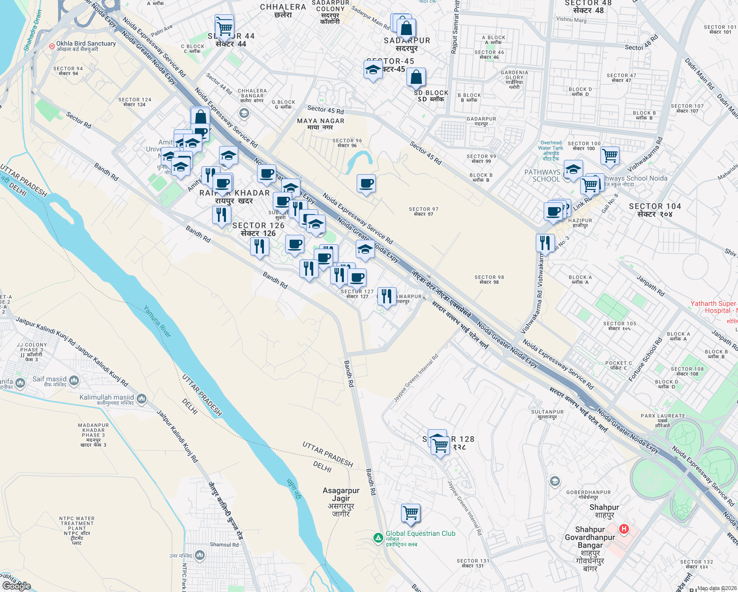 map of restaurants, bars, coffee shops, grocery stores, and more near Unnamed Road in Noida