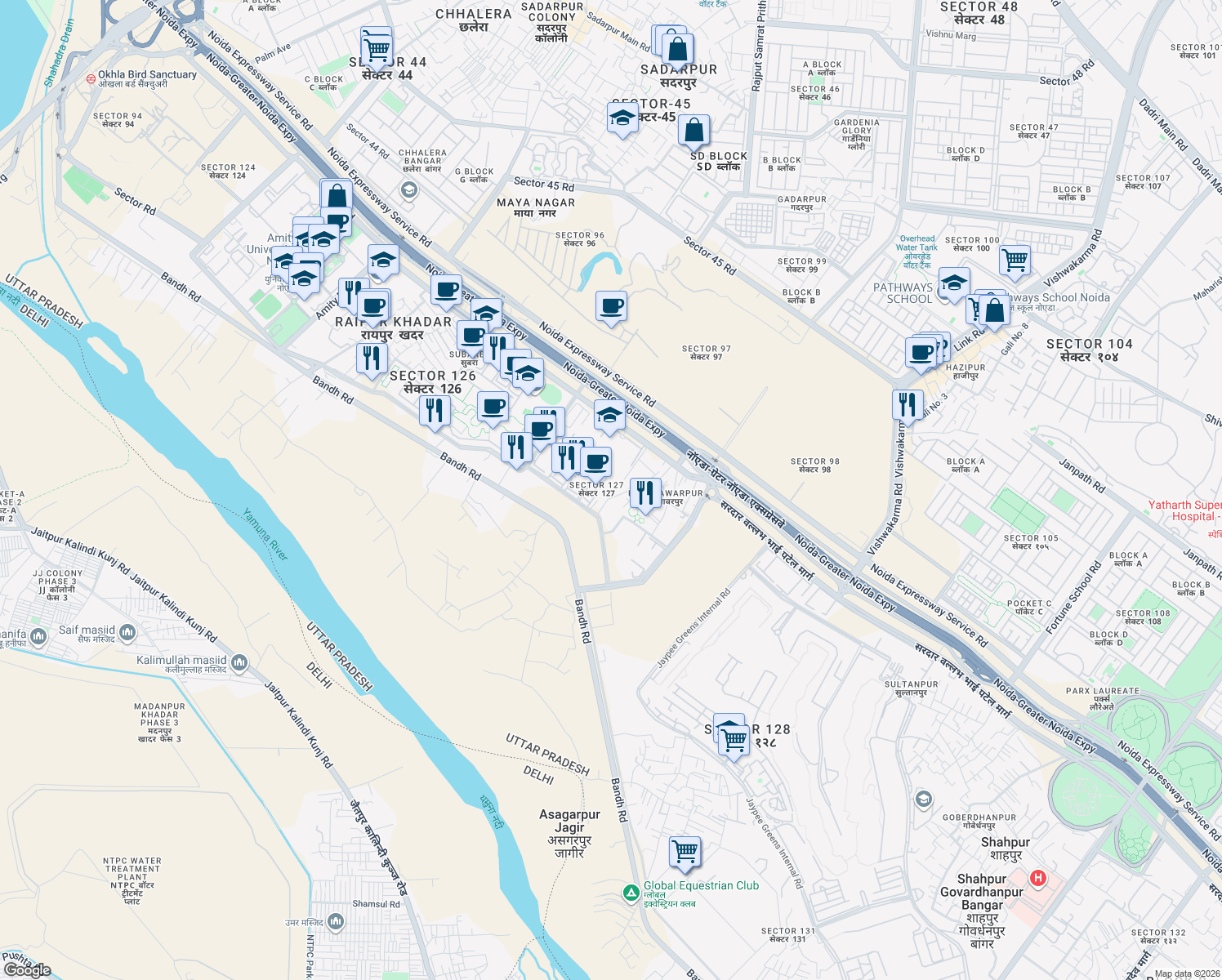 map of restaurants, bars, coffee shops, grocery stores, and more near Unnamed Road in Noida