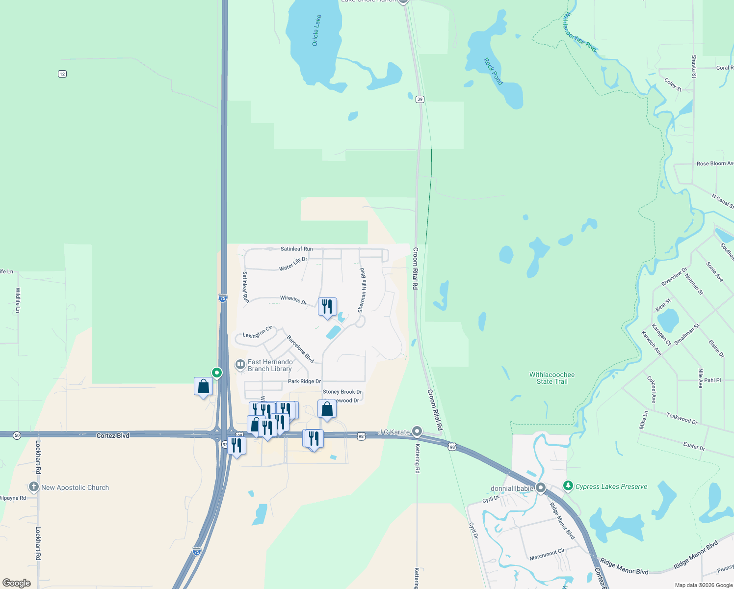 map of restaurants, bars, coffee shops, grocery stores, and more near 7220 Sherman Hills Boulevard in Brooksville